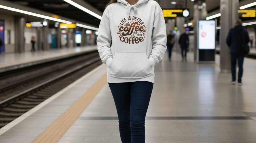 Cozy Brevity Brew hoodie with coffee-themed design
