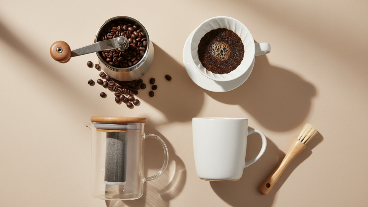 Flat lay of coffee brewing essentials including grinder, pour-over dripper, mug, and water filter on neutral background