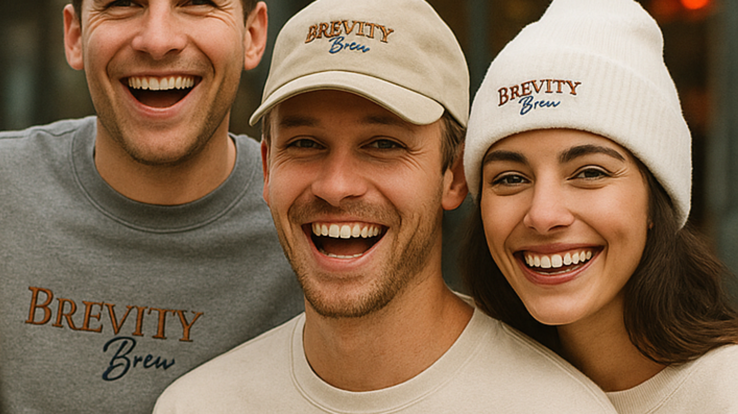 Group of people wearing Brevity Brew coffee-themed apparel and t-shirts