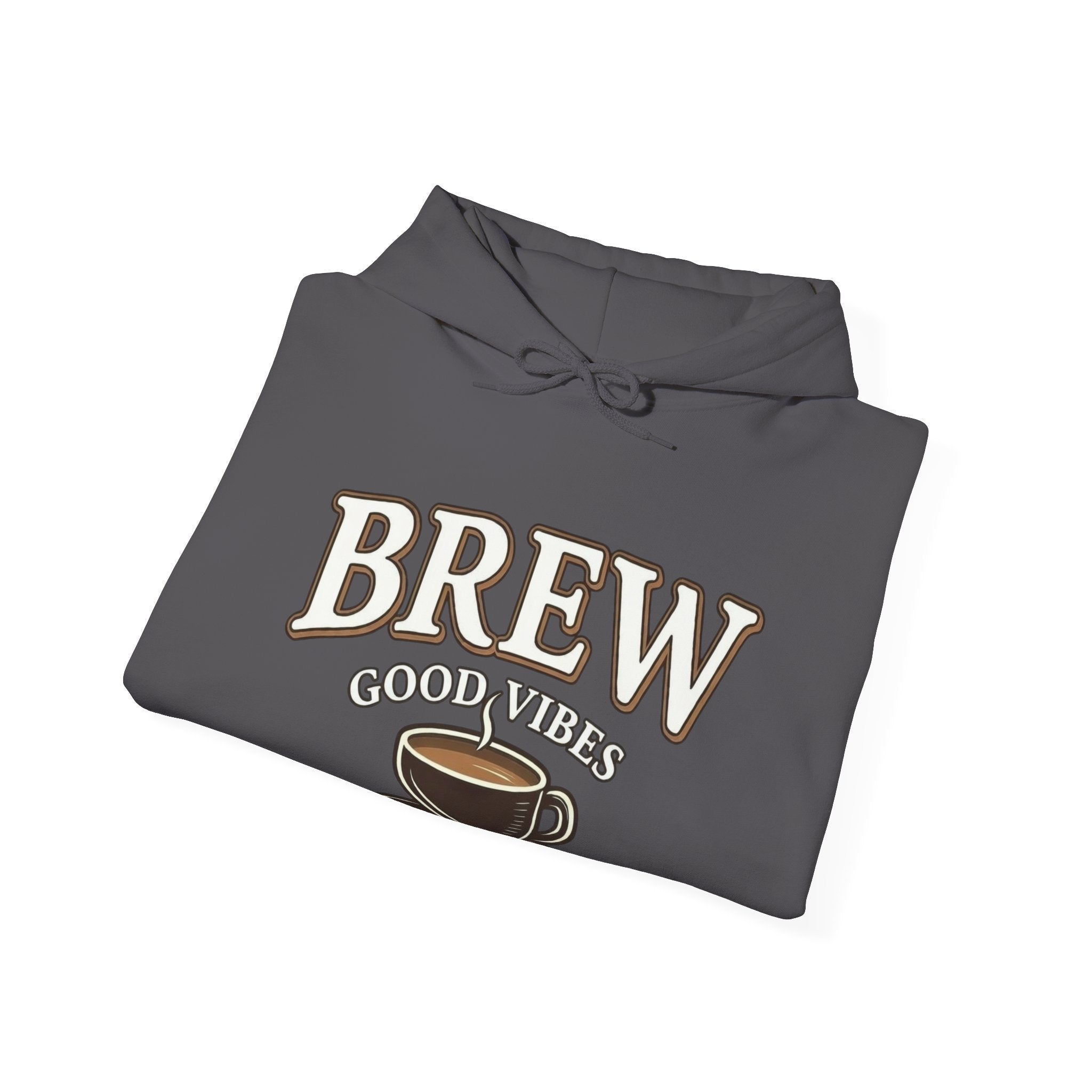A dark gray hoodie with "BREW GOOD VIBES" and a coffee cup graphic.