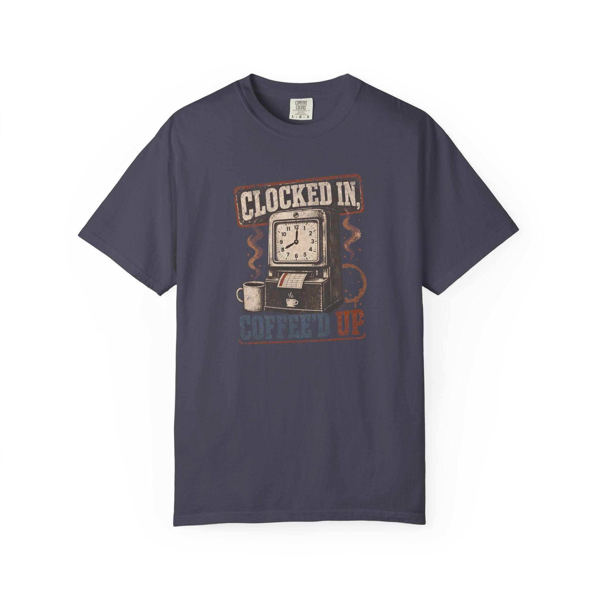 Dark grey Comfort Colors 1717 t-shirt with a vintage clock and coffee graphic on the front.
