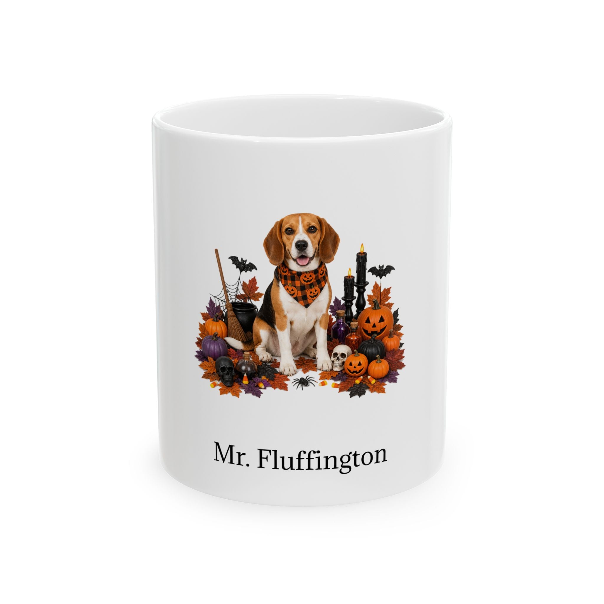 Personalized Beagle dog Halloween mug, 11oz white ceramic, with custom pet name on front