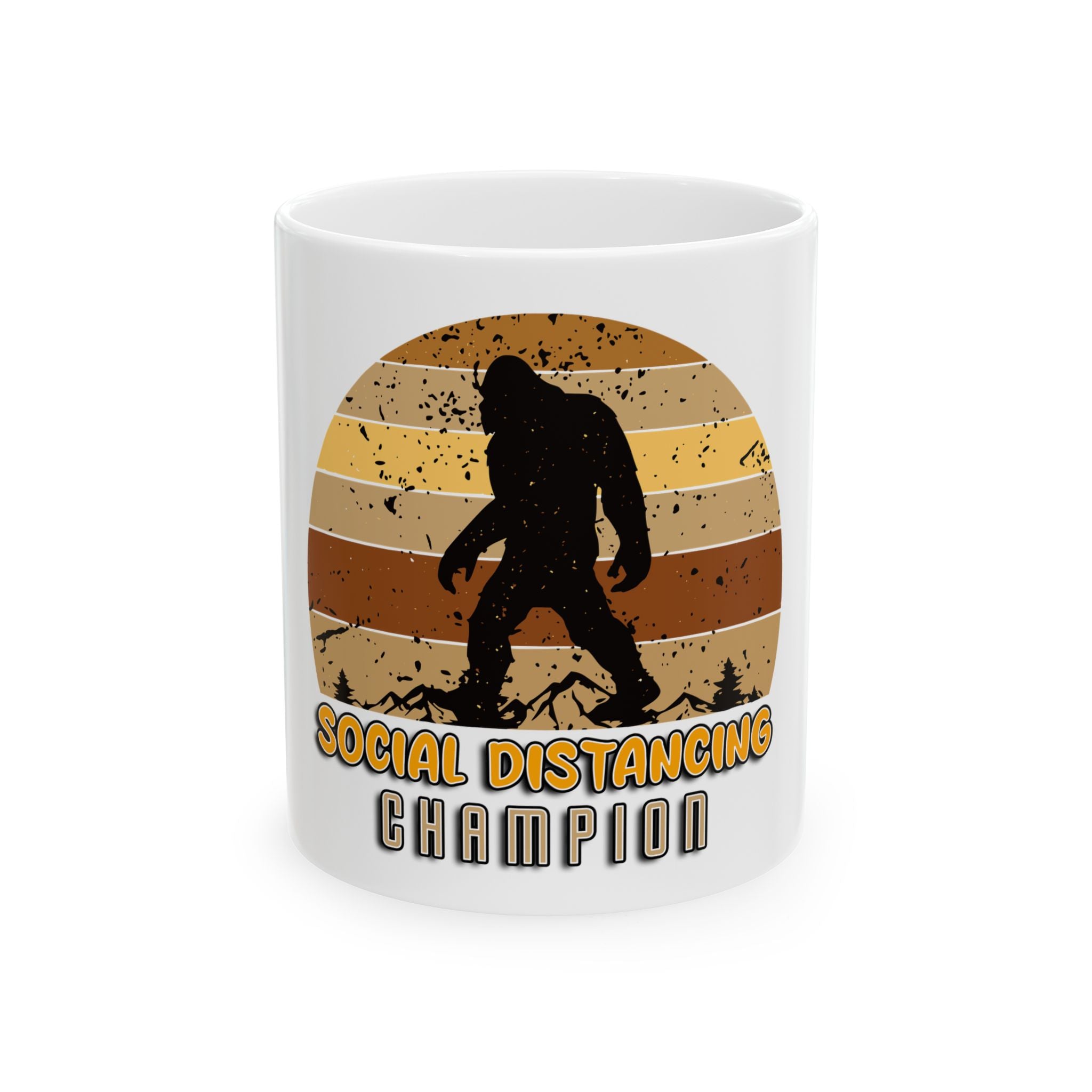 White coffee mug featuring a retro Bigfoot silhouette and the text Social Distancing Champion.