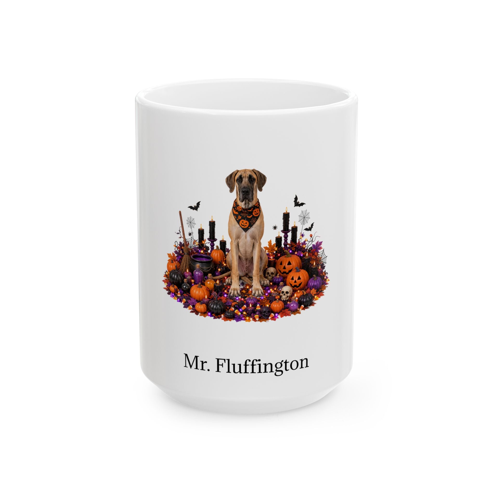 Personalized Great Dane dog Halloween mug, 15oz white ceramic, with custom pet name on front
