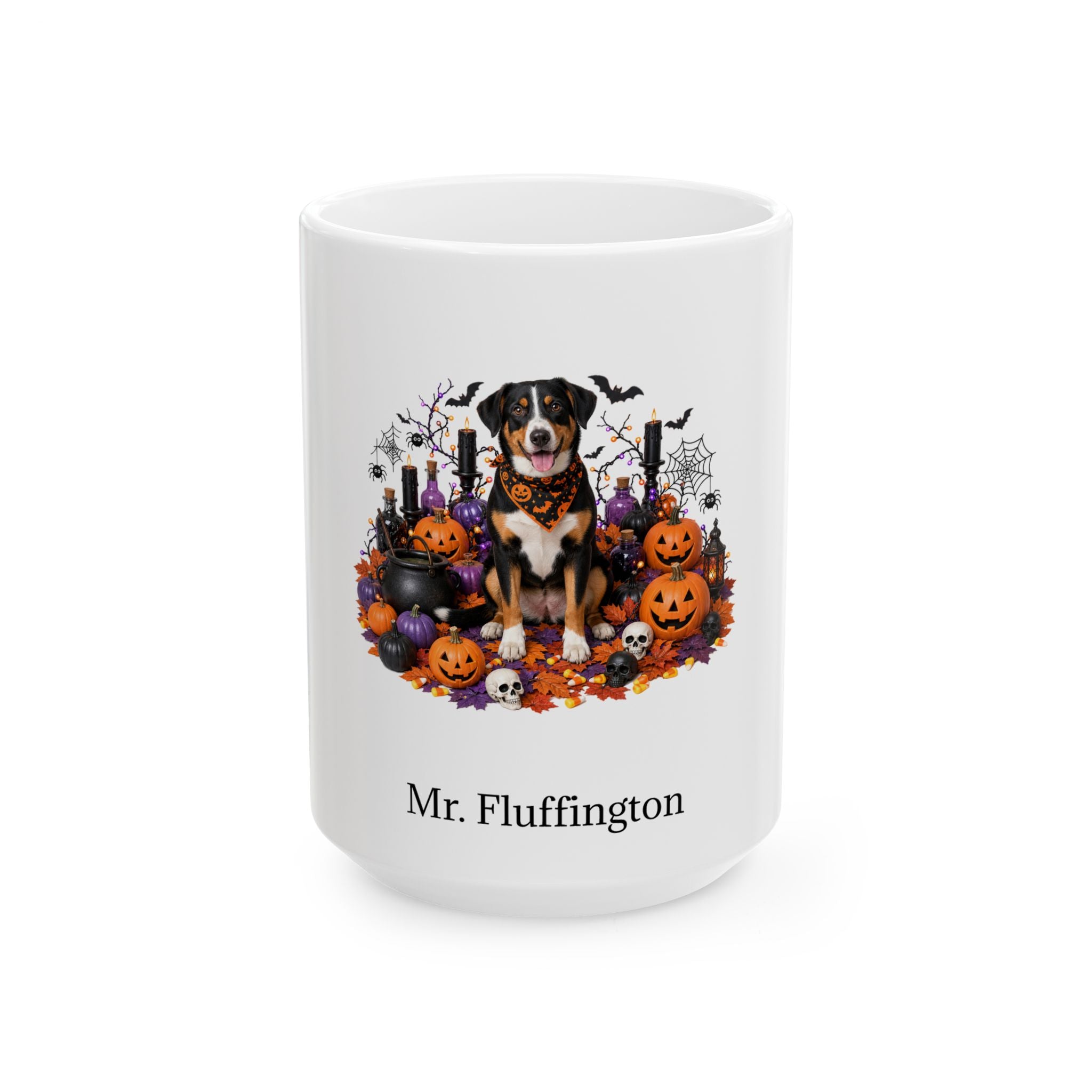 Personalized Entlebucher Mountain dog Halloween mug, 11oz white ceramic, with custom pet name on front