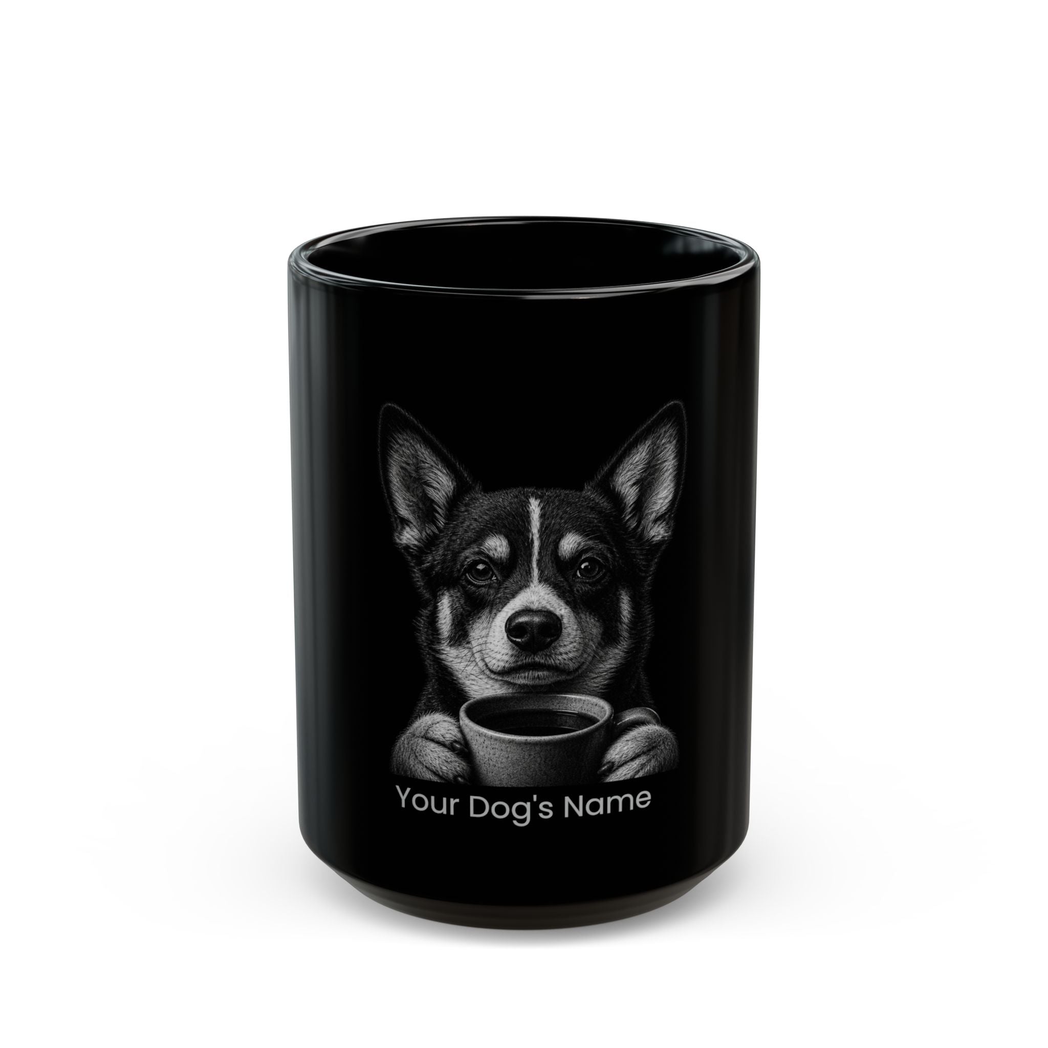 Personalized Norwegian Lundehund black ceramic coffee mug with custom dog name
