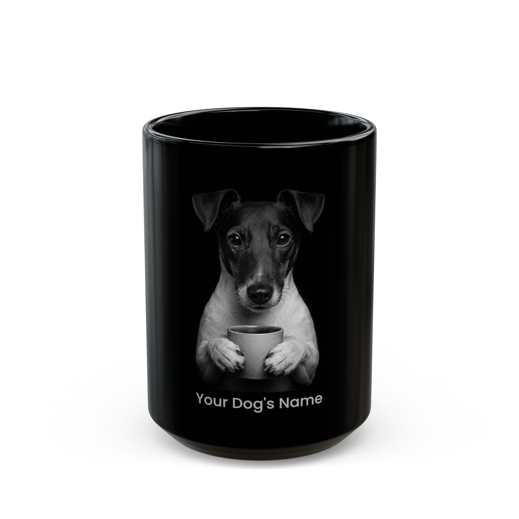 Personalized Smooth Fox Terrier black ceramic coffee mug with custom dog name