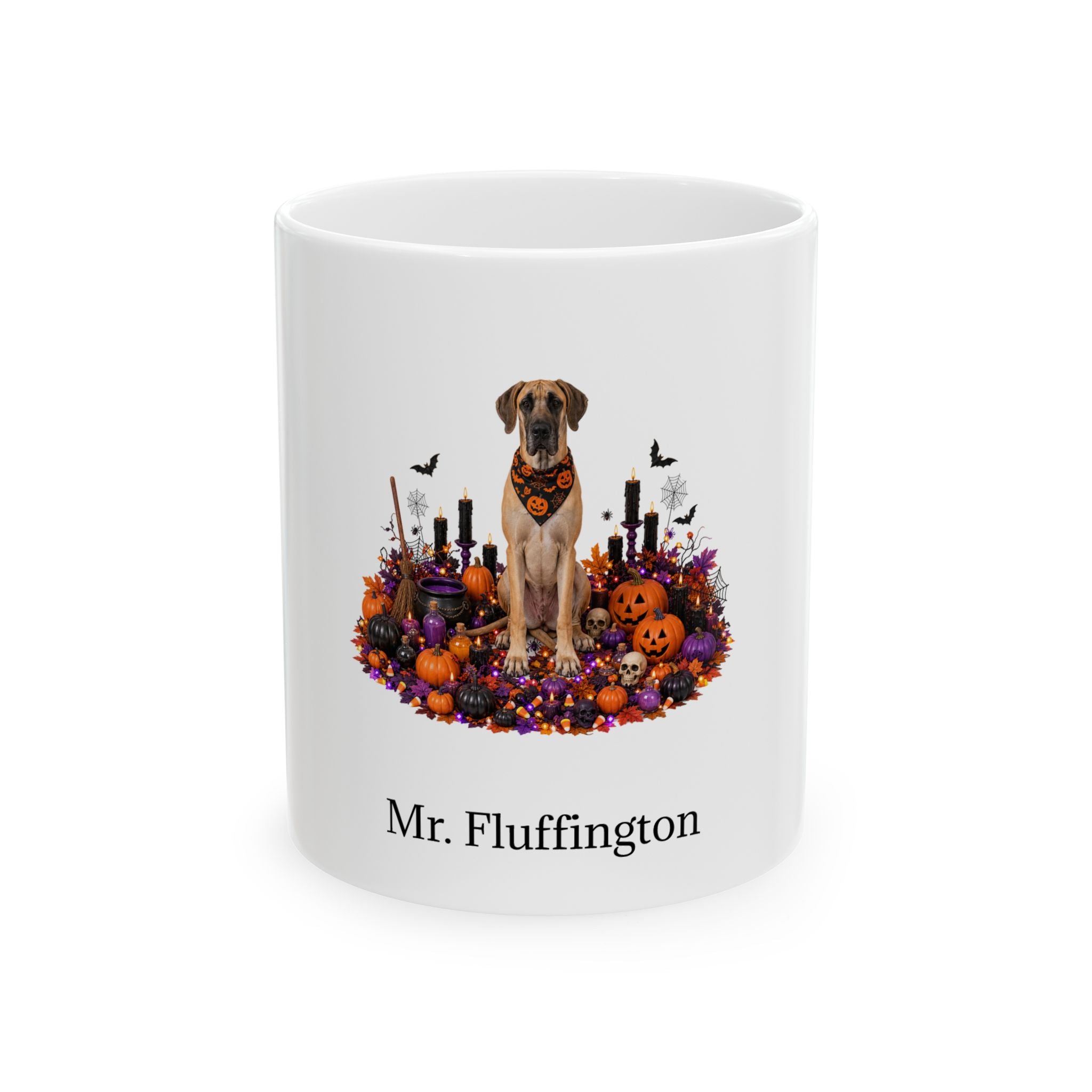 Personalized Great Dane dog Halloween mug, 11oz white ceramic, with custom pet name on front