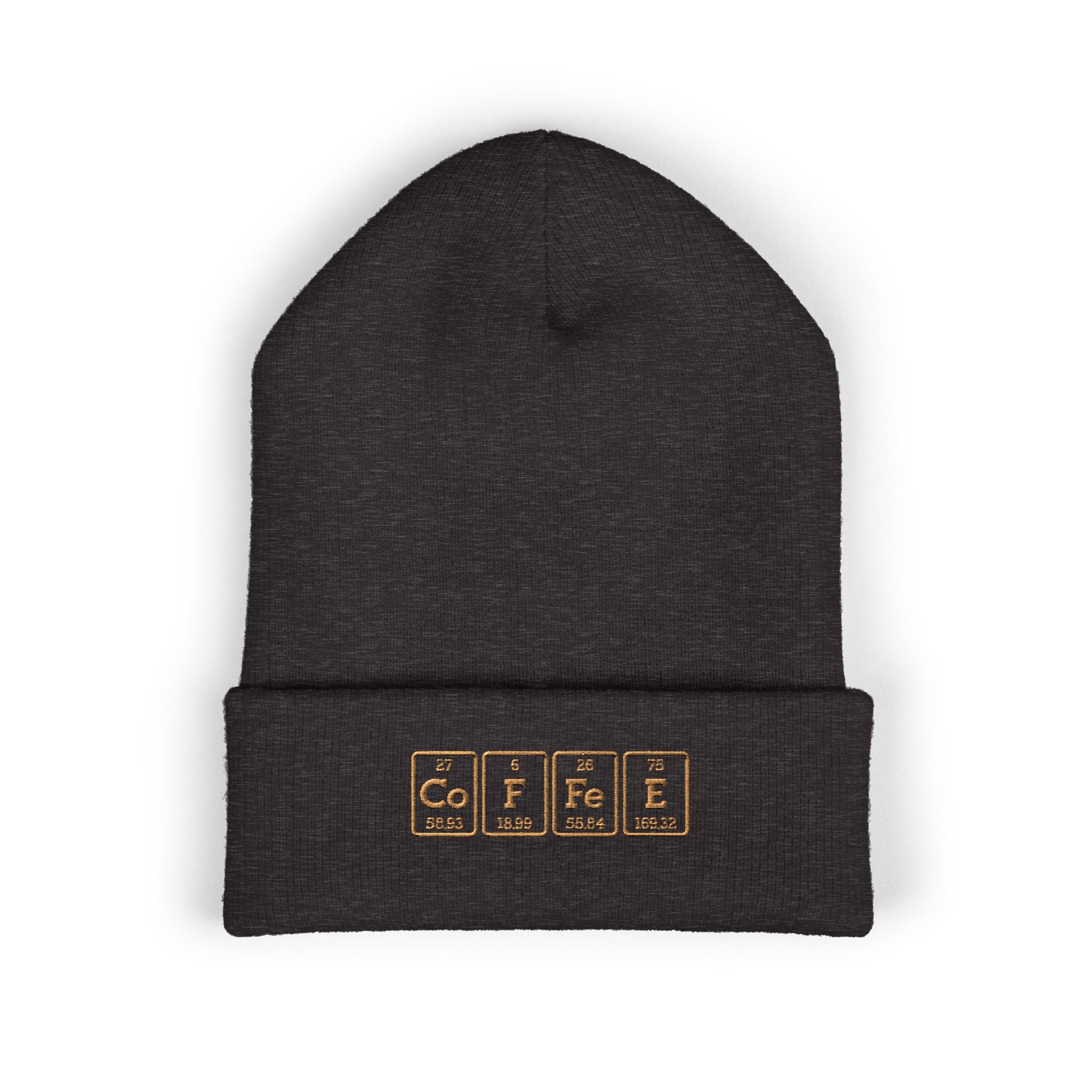 A dark grey cuffed beanie with "COFFEE" embroidered in periodic table style.