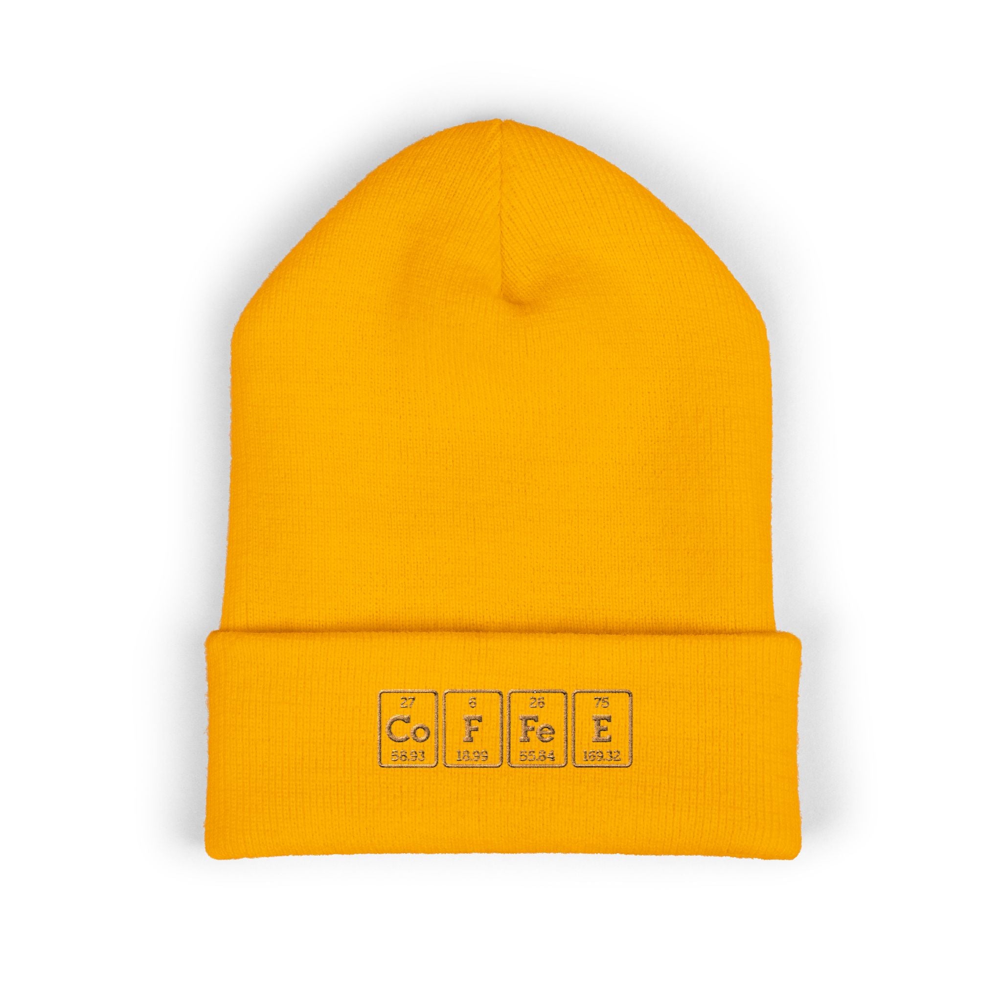 A yellow cuffed beanie with "COFFEE" embroidered in periodic table style.
