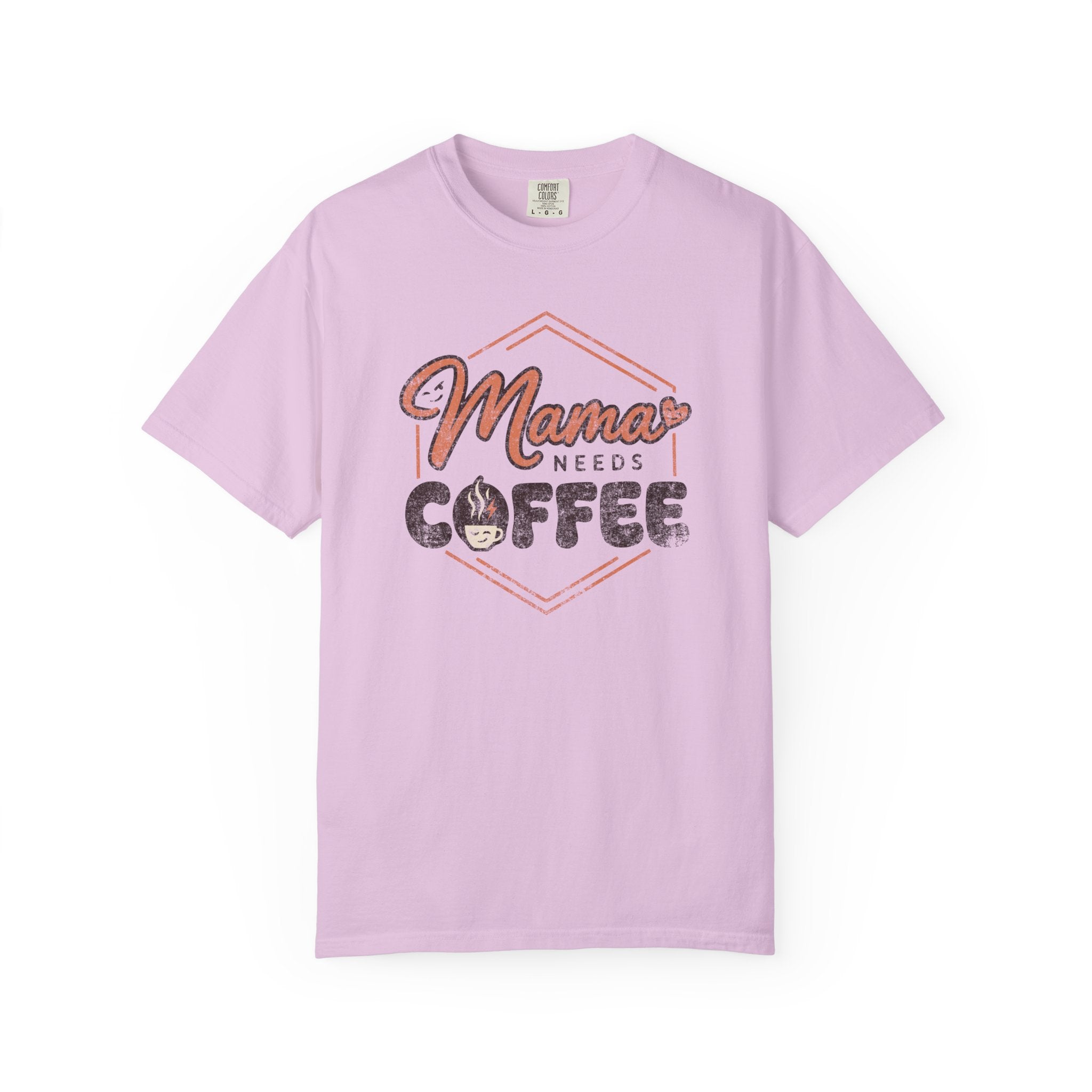 Light purple unisex t-shirt with a distressed Mama Needs Coffee graphic print.