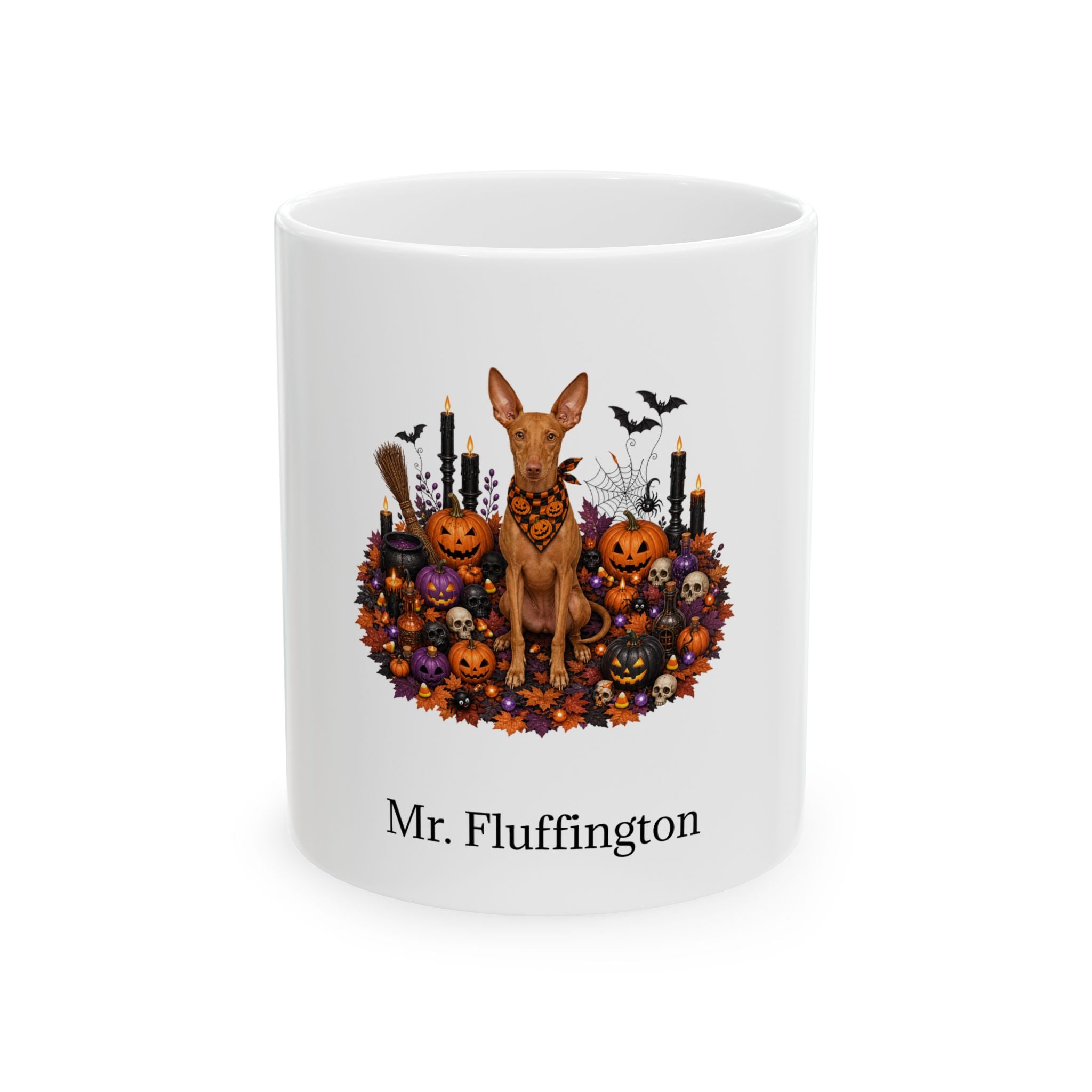Personalized Cirneco dell’Etna dog Halloween mug, 15oz white ceramic, with custom pet name on front
