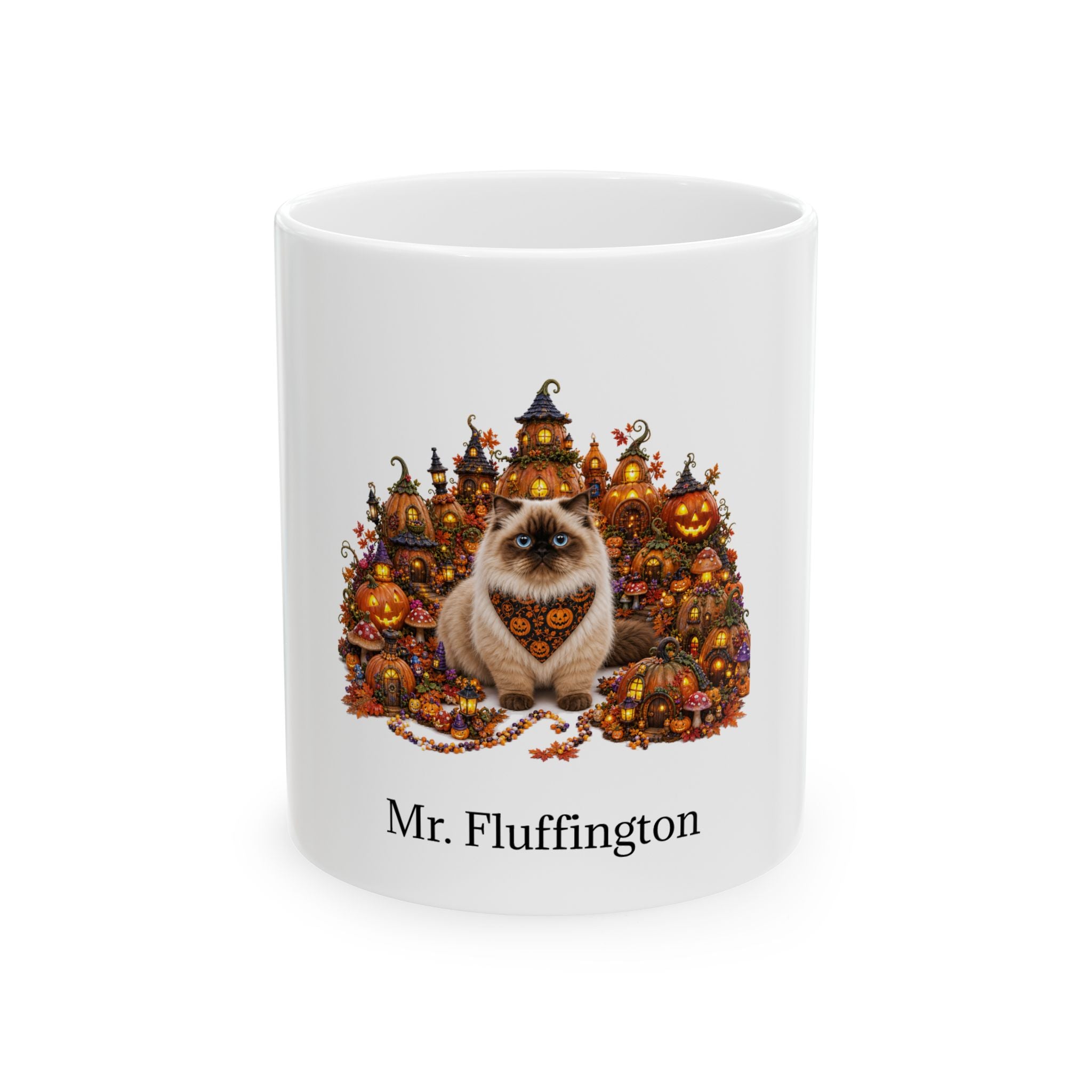 Personalized Munchkin cat Halloween mug, 11oz white ceramic, with custom pet name on front