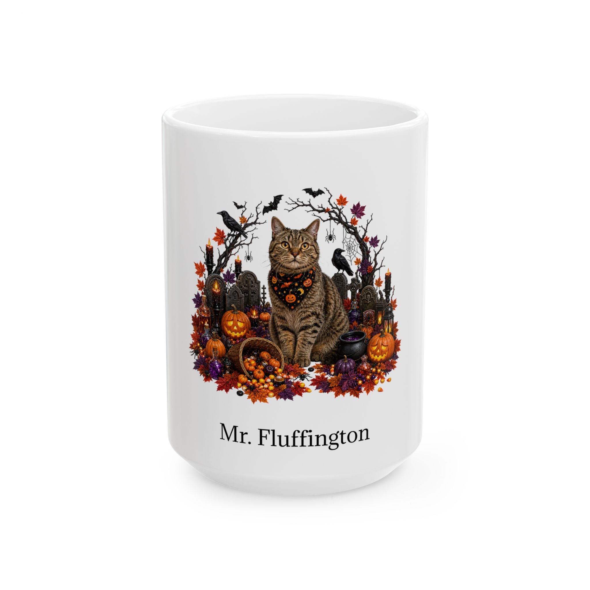 Personalized American Wirehair cat Halloween mug, 15oz white ceramic, with custom pet name on front