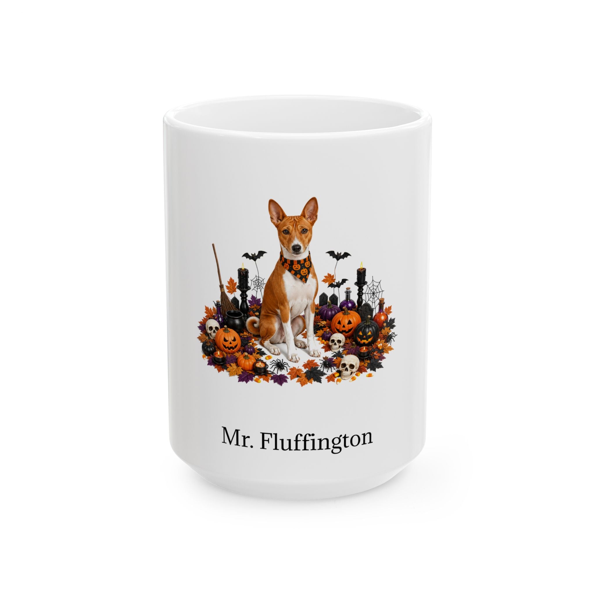 Personalized Basenji dog Halloween mug, 15oz white ceramic, with custom pet name on front