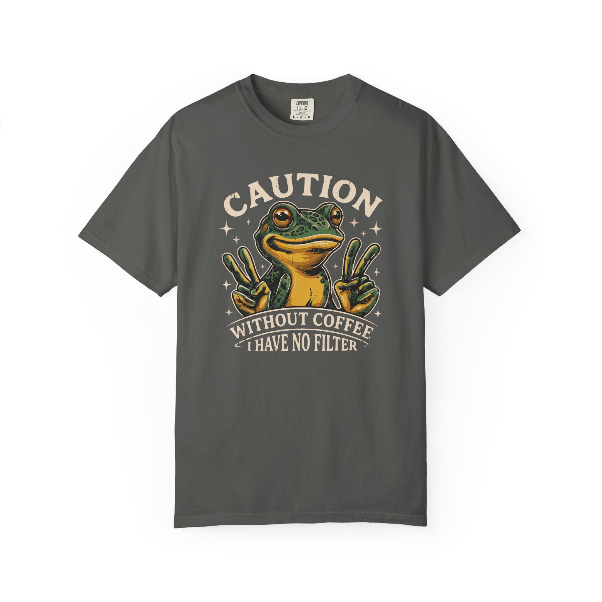 Charcoal t-shirt with a graphic of a frog making peace signs and the text Caution No Filter.