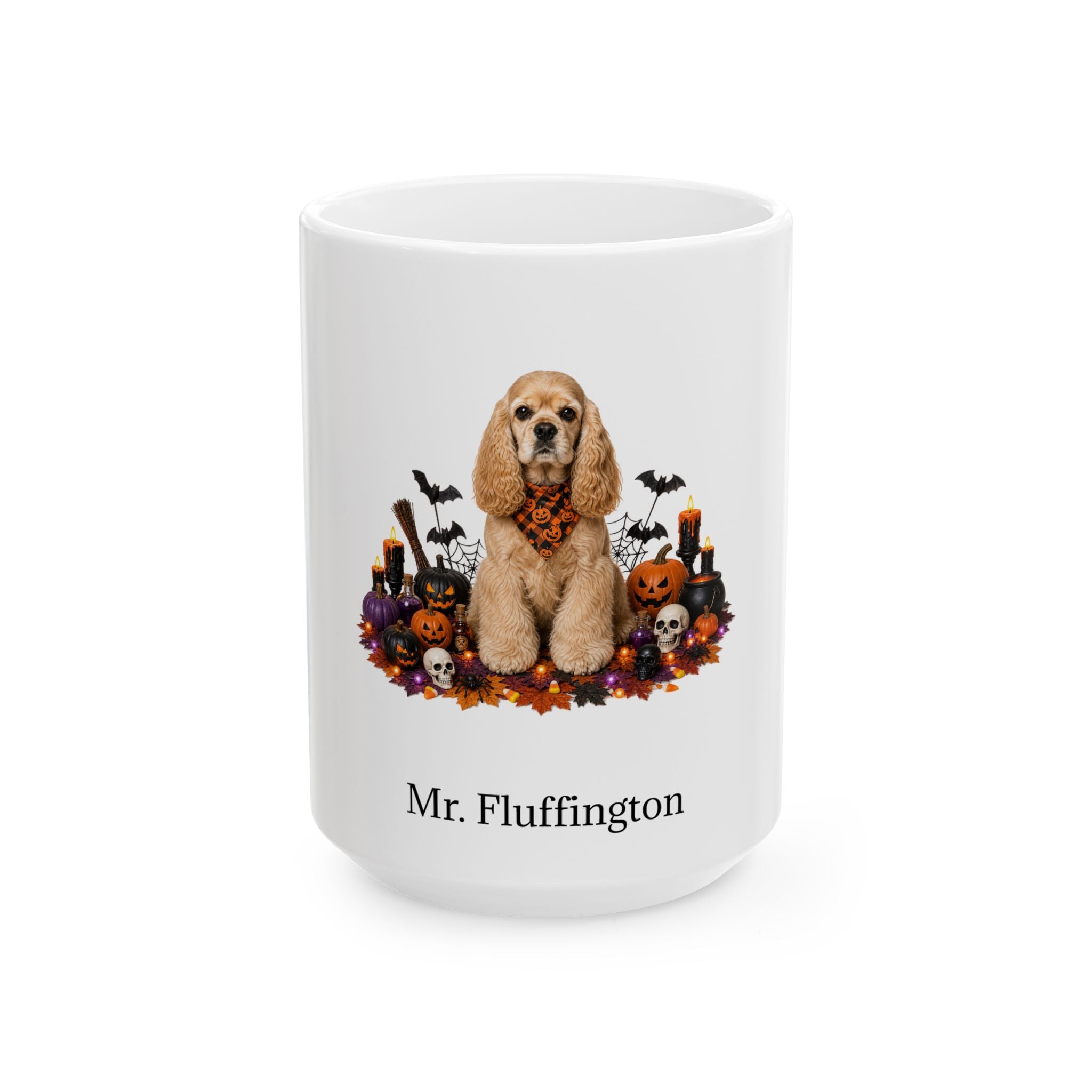 Personalized American Cocker Spaniel dog Halloween mug, 11oz white ceramic, with custom pet name on front