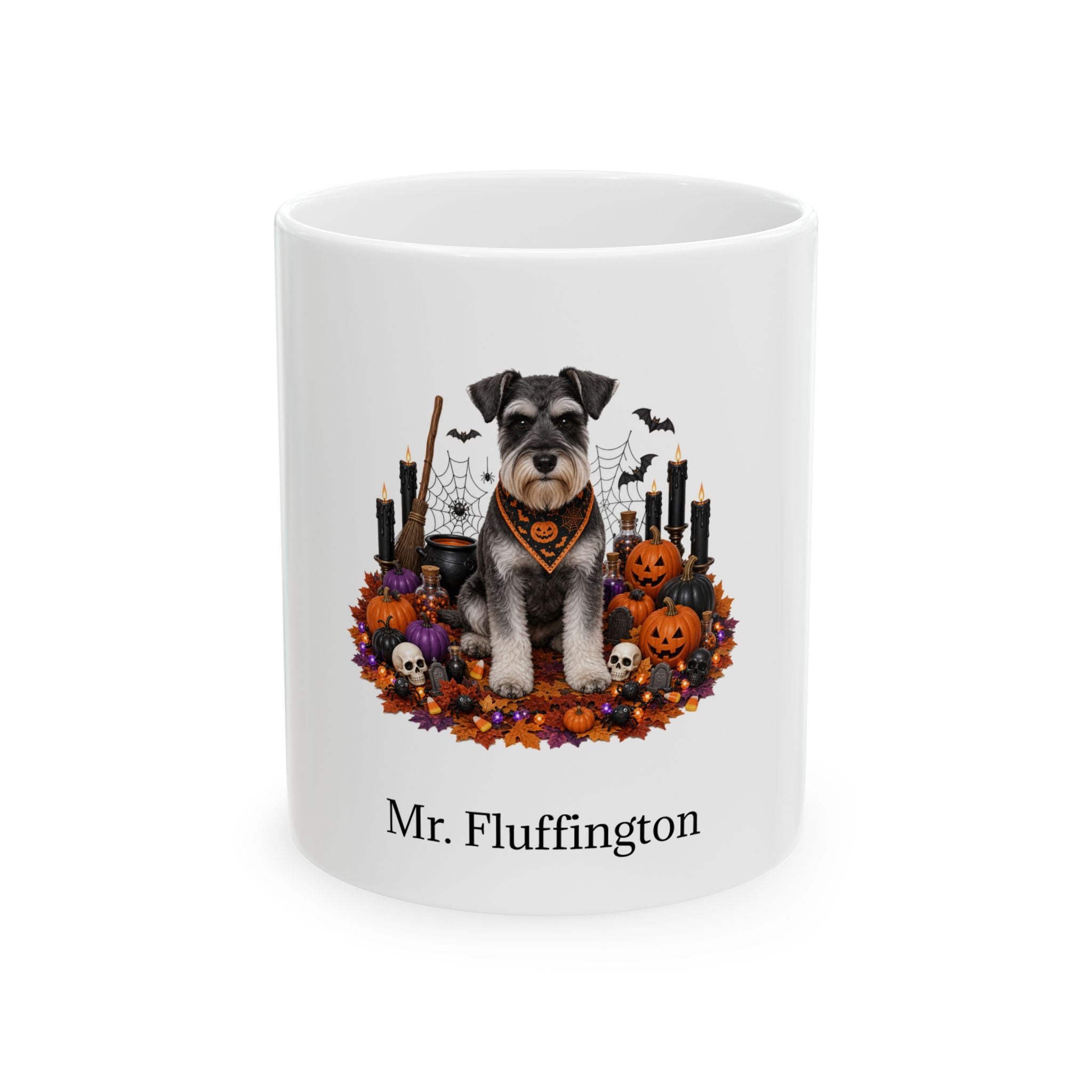 Personalized Miniature Schnauzer dog Halloween mug, 11oz white ceramic, with custom pet name on front