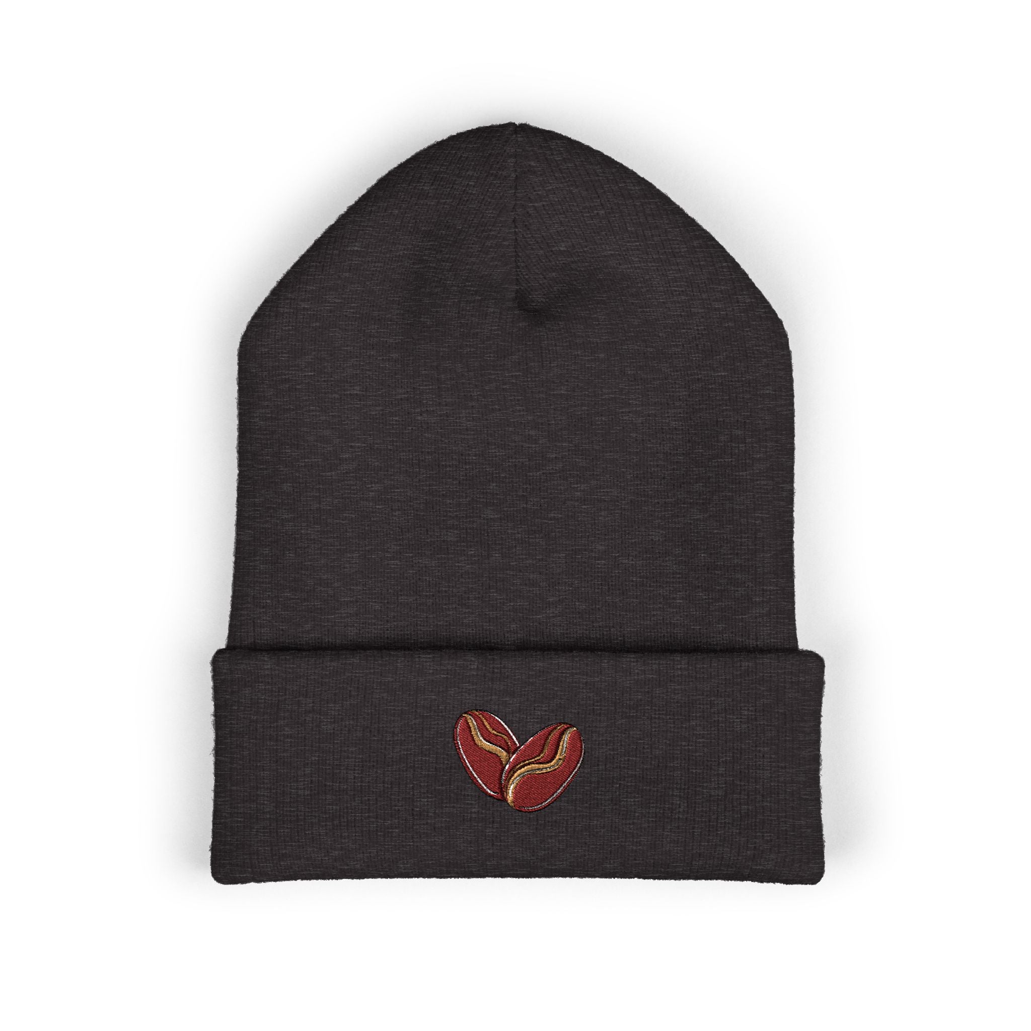 Dark gray cuffed beanie with embroidered coffee beans on the cuff.