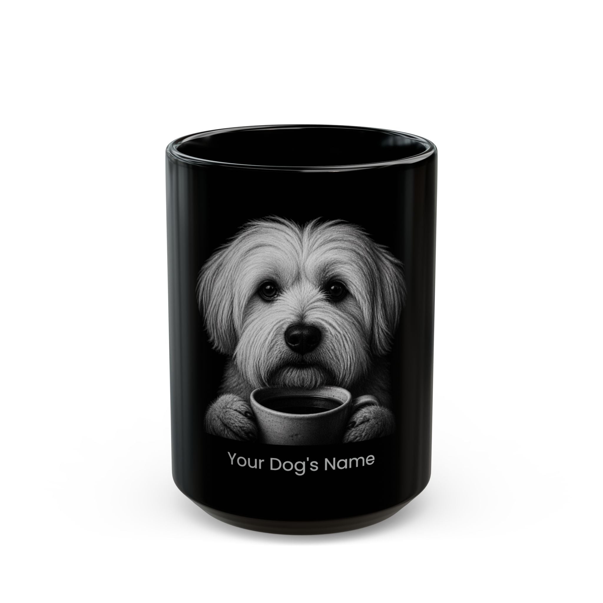 Personalized Coton de Tulear black ceramic coffee mug with custom dog name