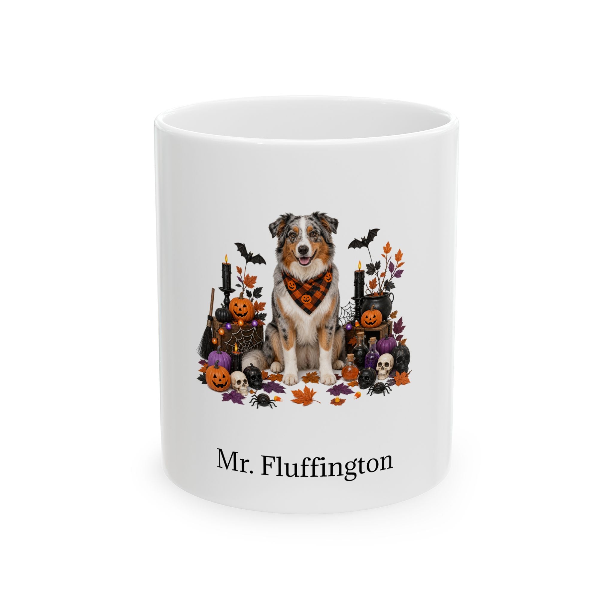 Personalized Australian Shepherd dog Halloween mug, 15oz white ceramic, with custom pet name on front