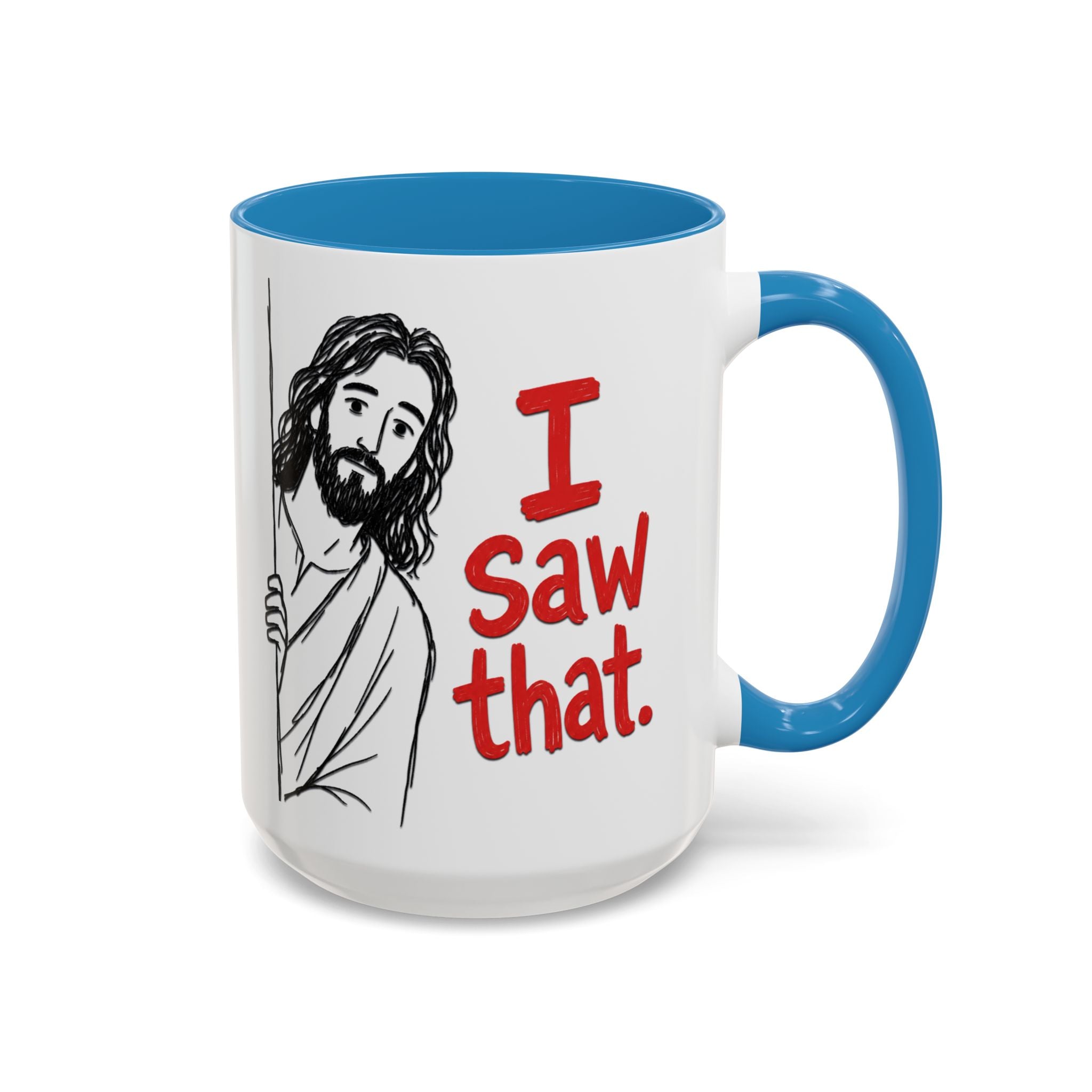White ceramic mug with a blue handle and interior, featuring a drawing of Jesus and the text I Saw