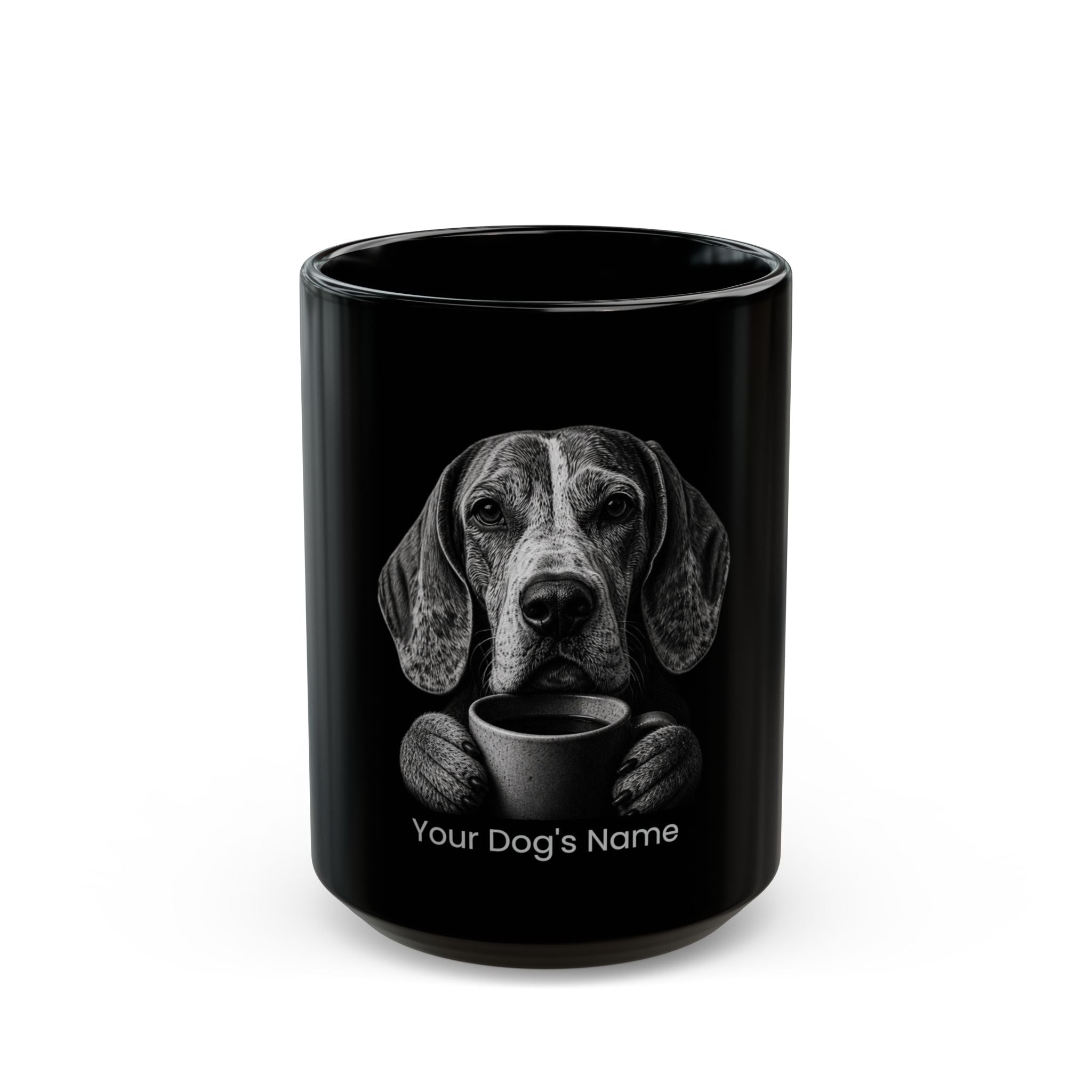 Personalized Bracco Italiano black ceramic coffee mug with custom dog name