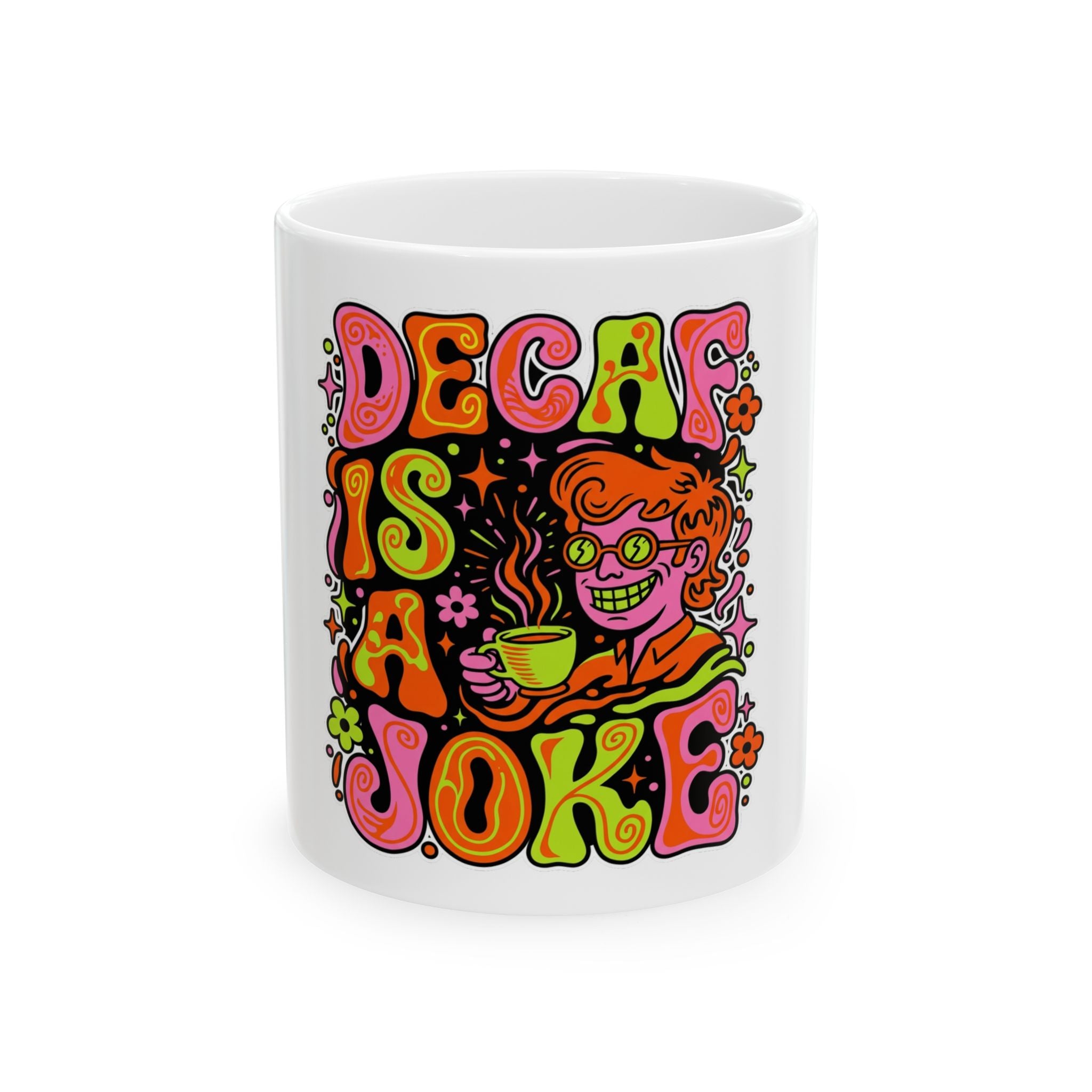 White ceramic coffee mug with retro psychedelic art and the text Decaf Is a Joke.