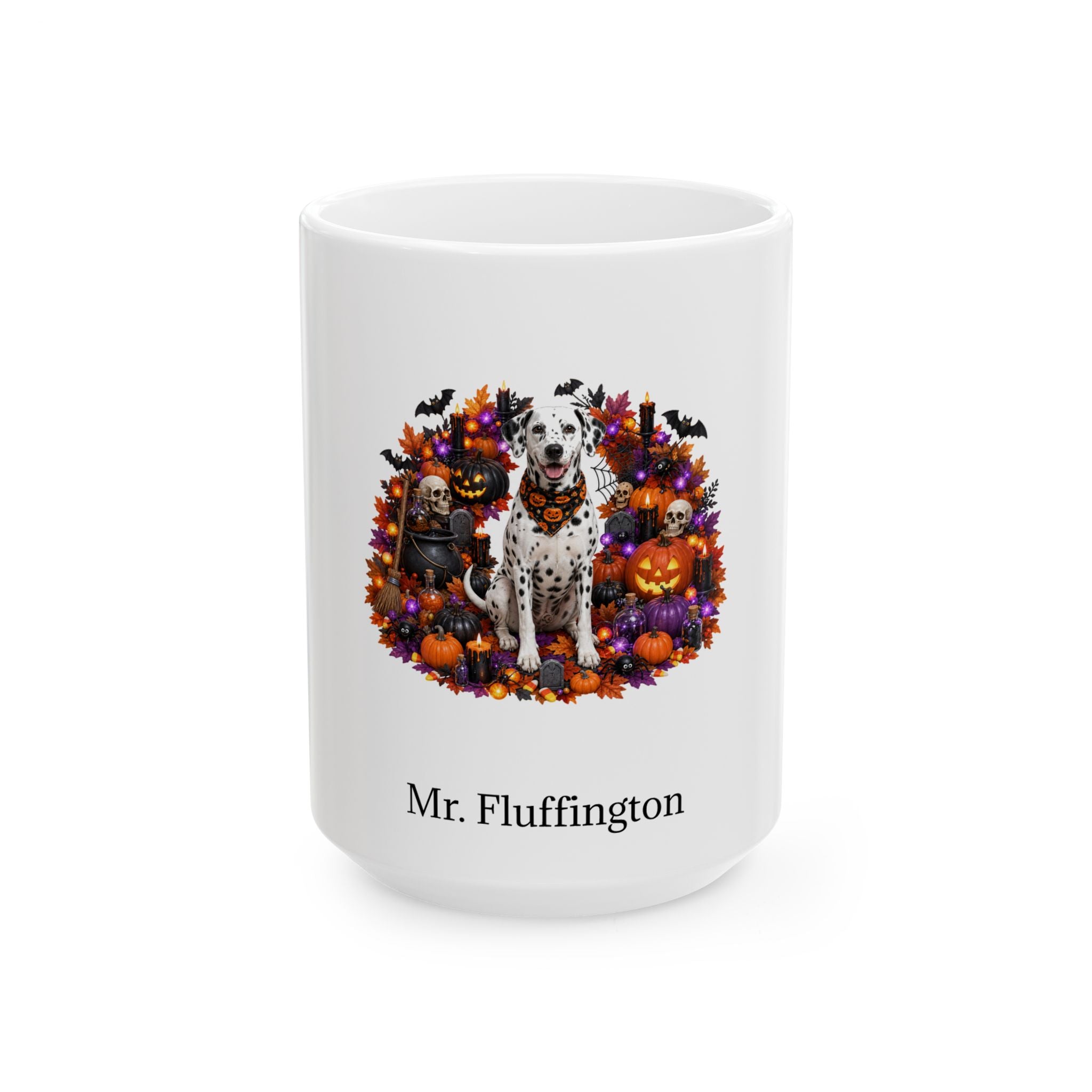 Personalized Dalmatian dog Halloween mug, 15oz white ceramic, with custom pet name on front