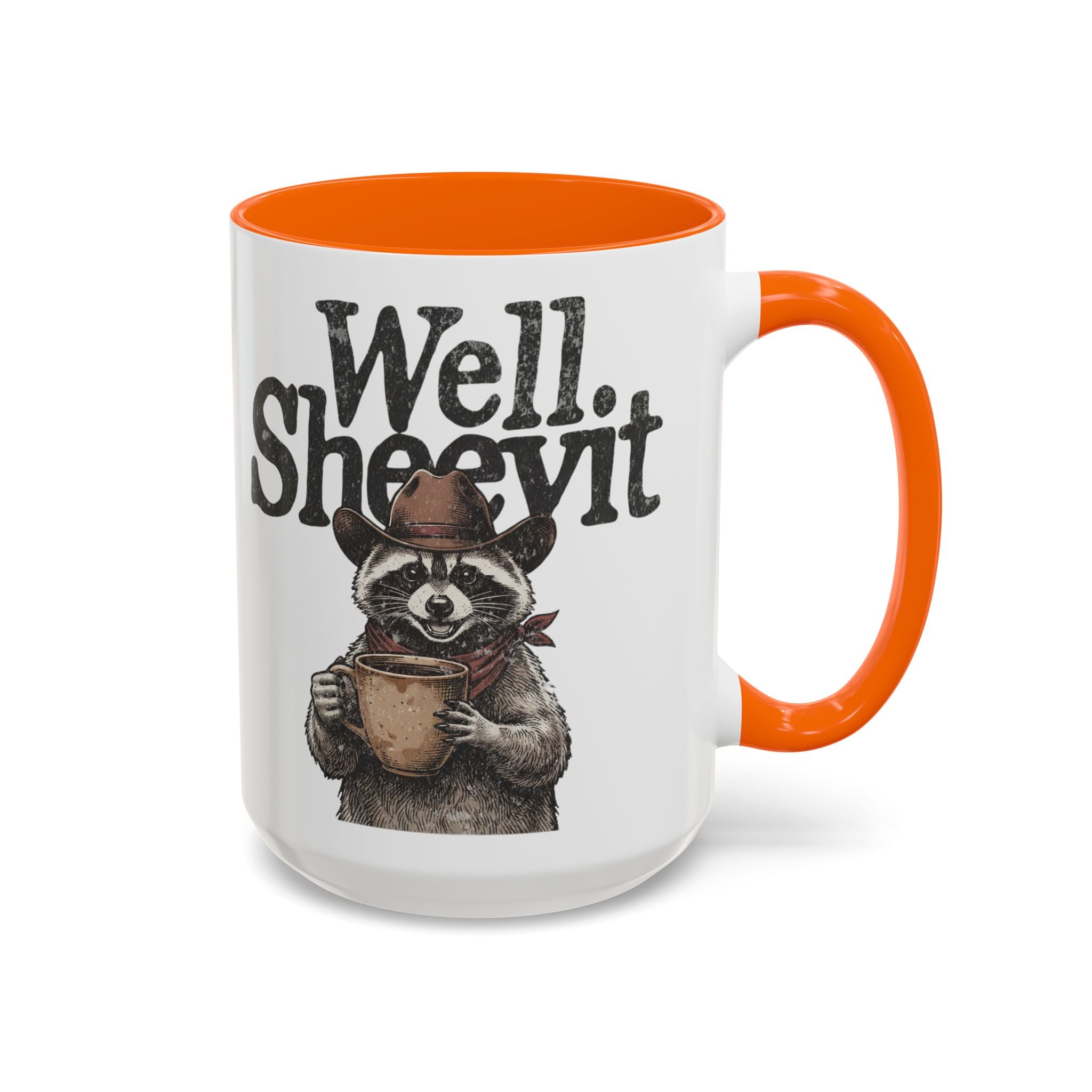 White ceramic mug with an orange handle and rim, featuring a raccoon in a cowboy hat holding a mug.