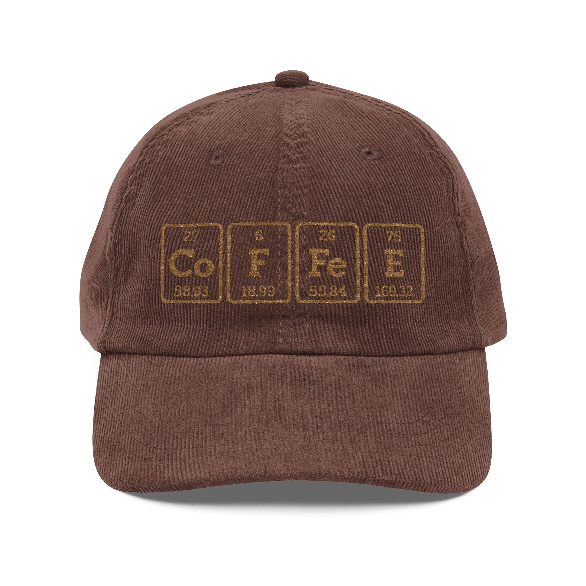 A brown corduroy baseball cap featuring a periodic table design that spells out Coffee.