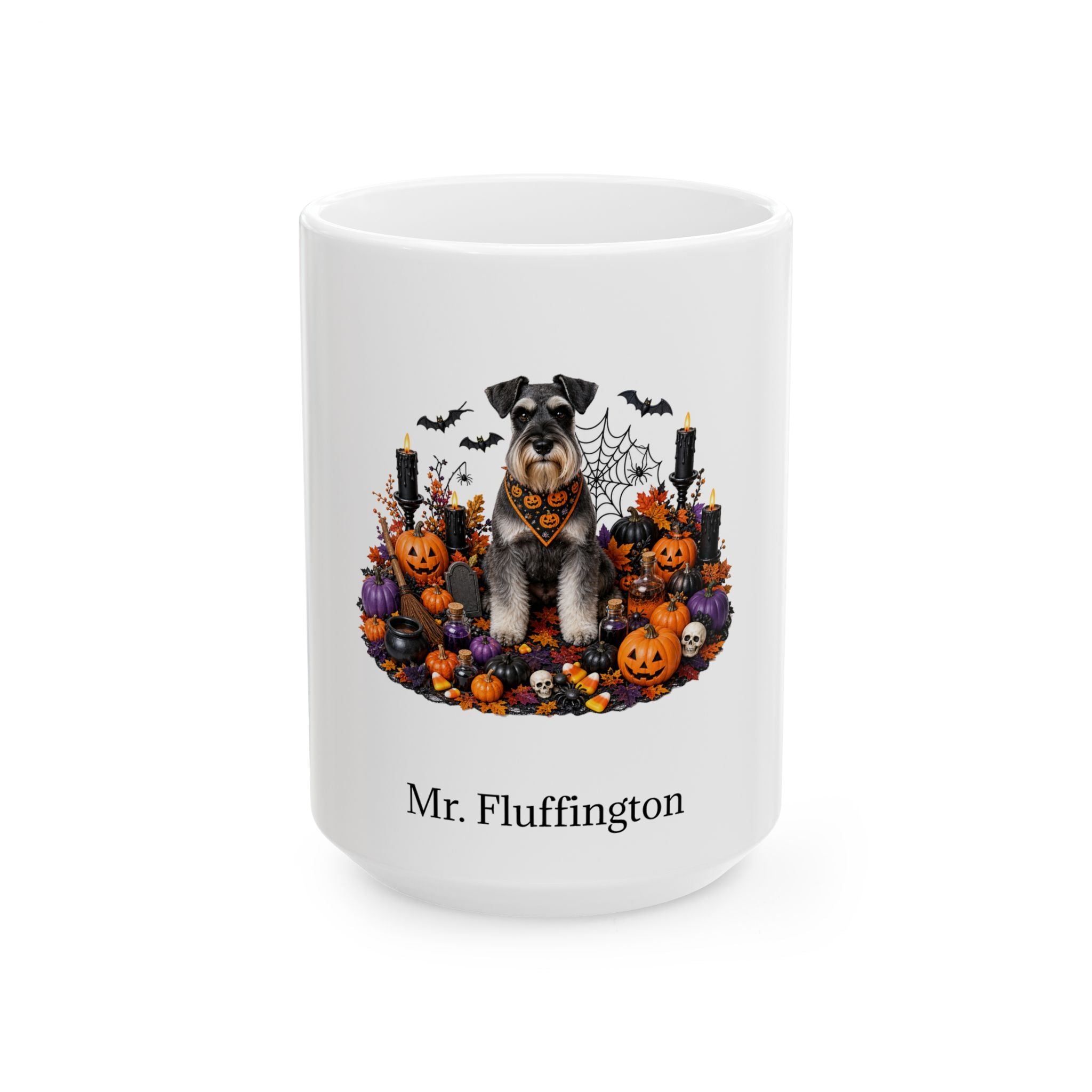 Personalized Standard Schnauzer dog Halloween mug, 15oz white ceramic, with custom pet name on front