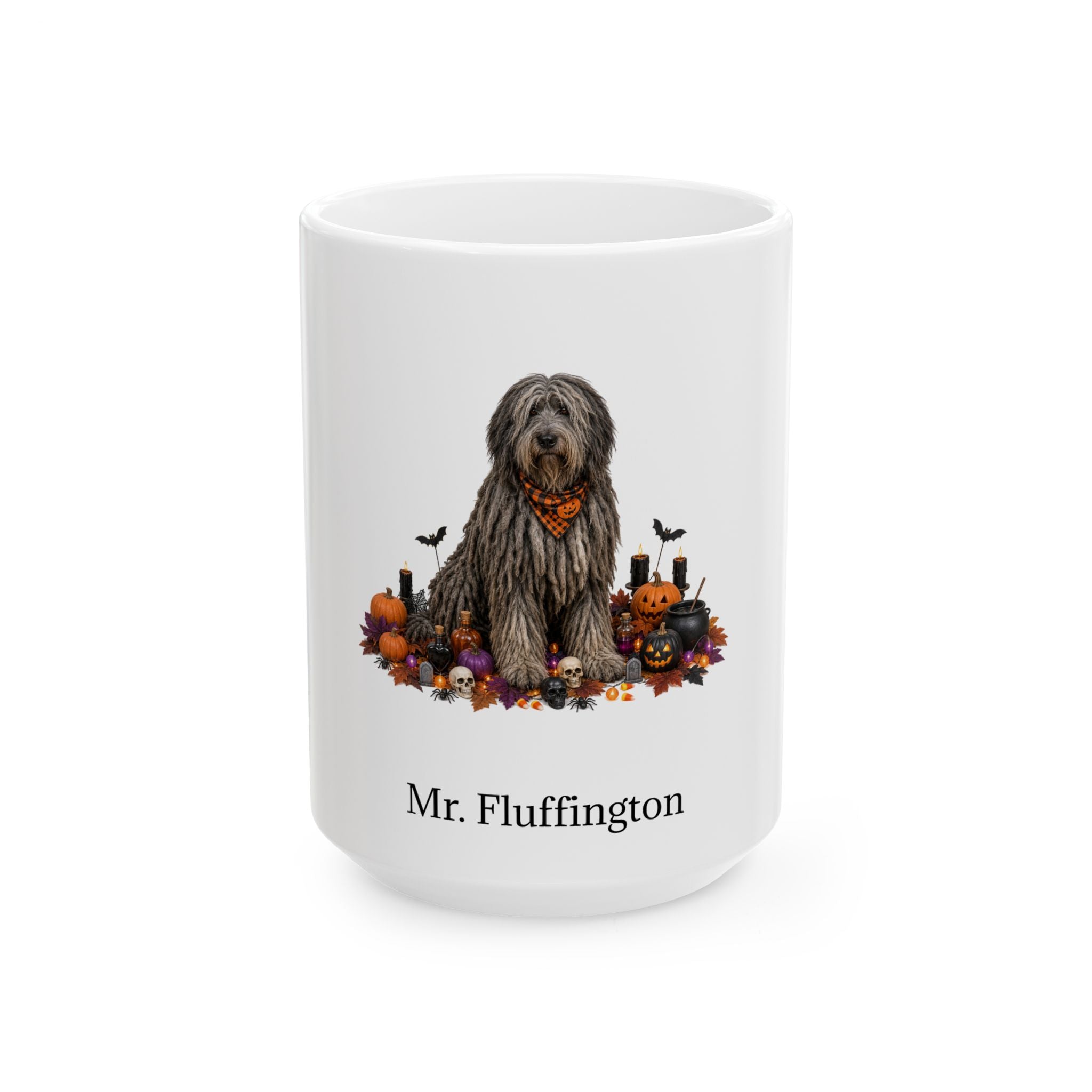 Personalized Bergamasco dog Halloween mug, 15oz white ceramic, with custom pet name on front