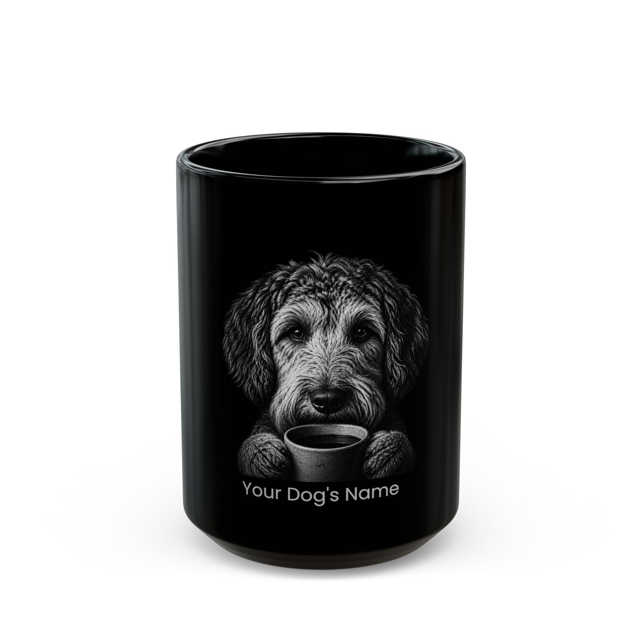Personalized Aussiedoodle black ceramic coffee mug with custom dog name