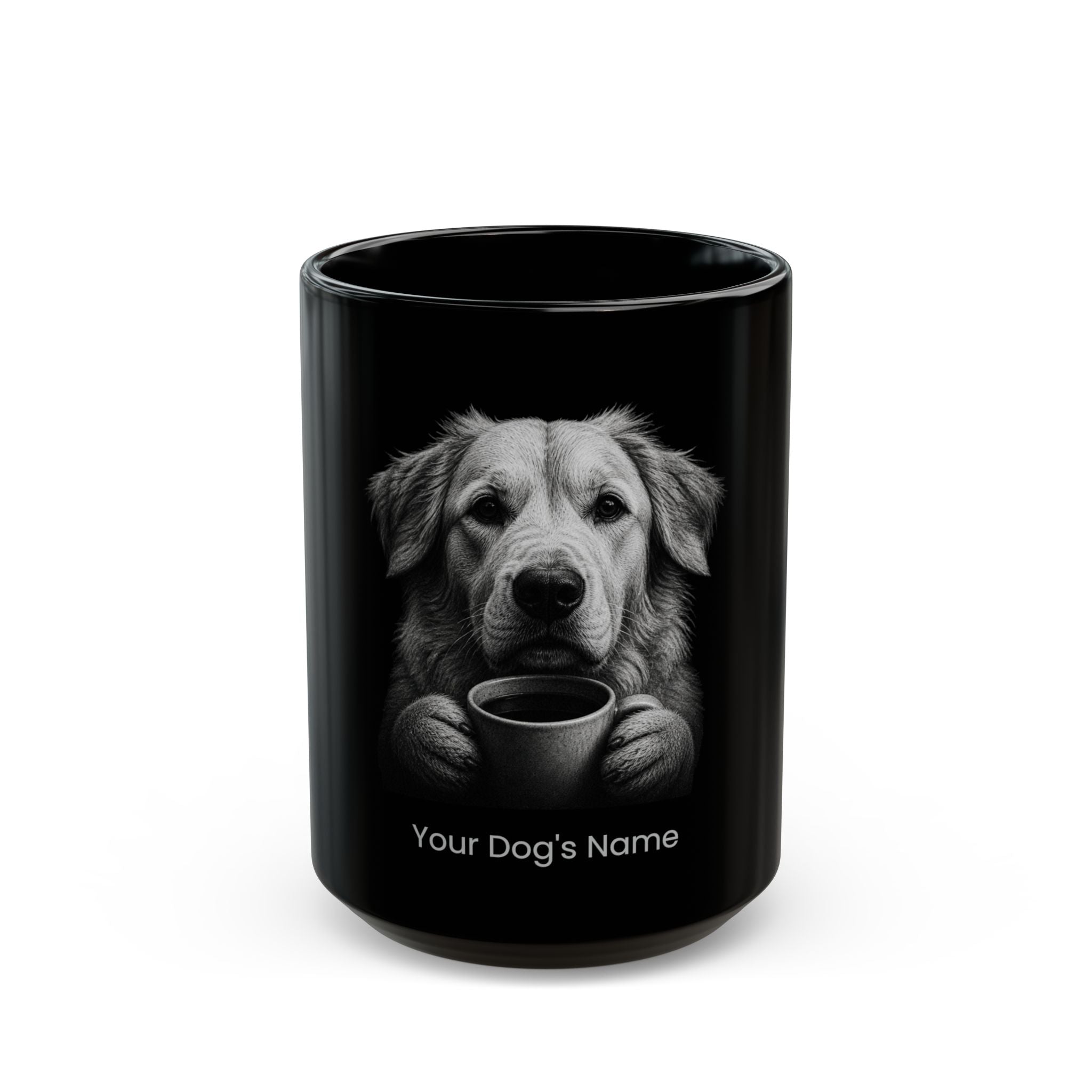 Personalized Romanian Mioritic black ceramic coffee mug with custom dog name