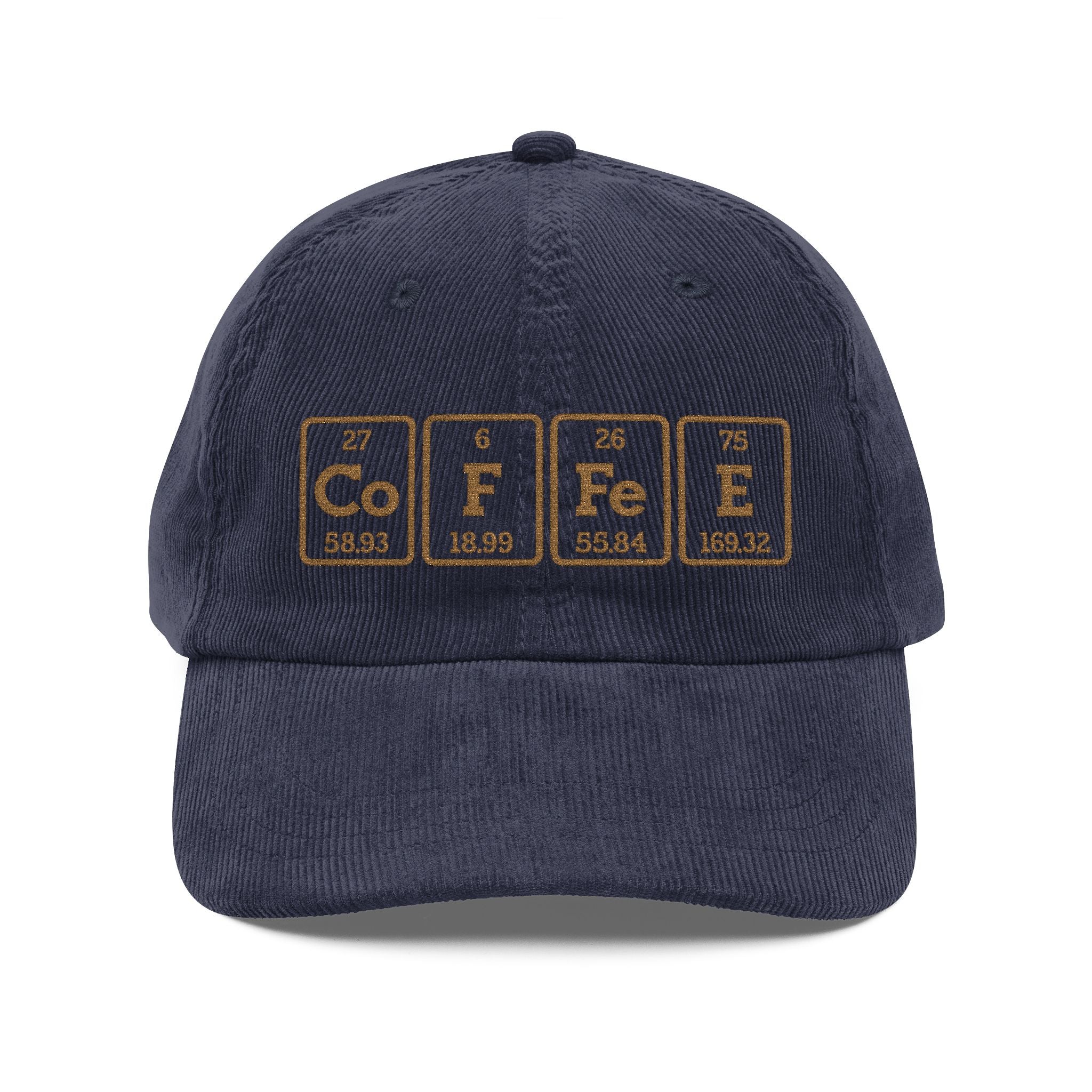 A navy blue corduroy baseball cap featuring an embroidered periodic table design spelling COFFEE.