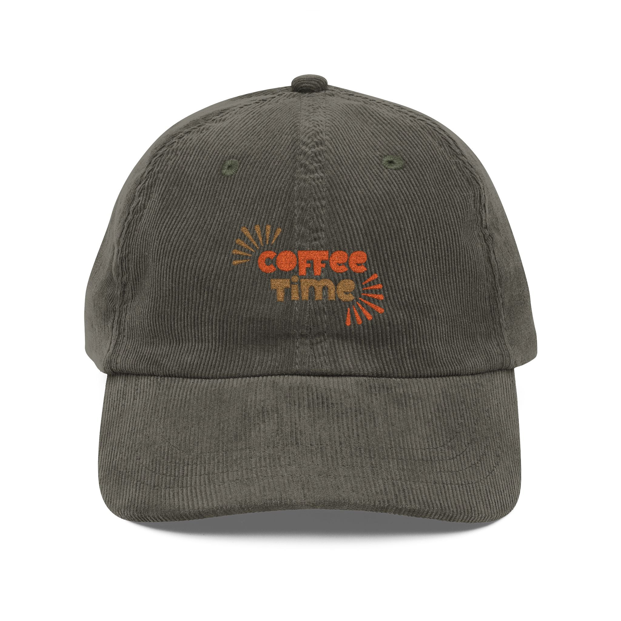 Dark gray corduroy baseball cap with Coffee Time embroidered in orange and brown on the front.