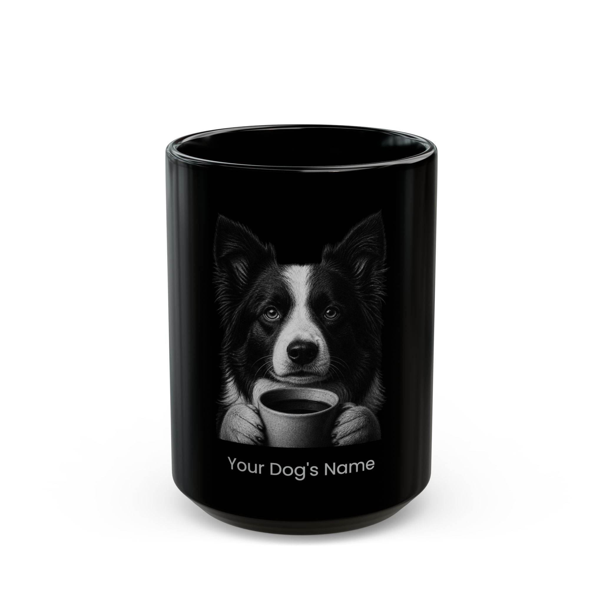 Personalized Border Collie black ceramic coffee mug with custom dog name