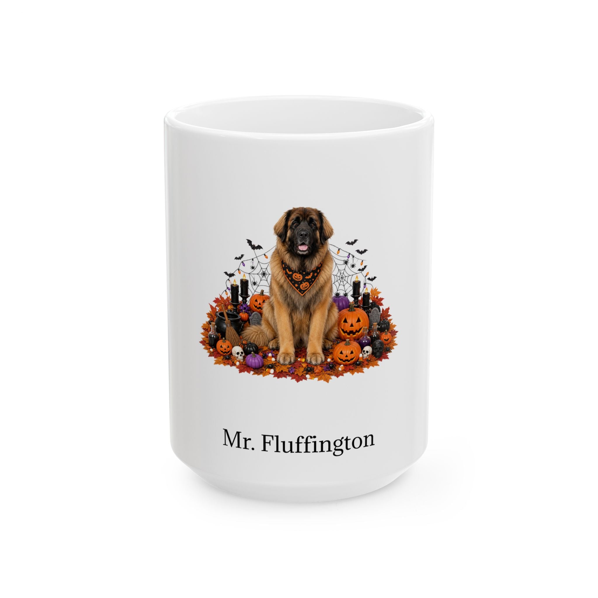 Personalized Leonberger dog Halloween mug, 15oz white ceramic, with custom pet name on front