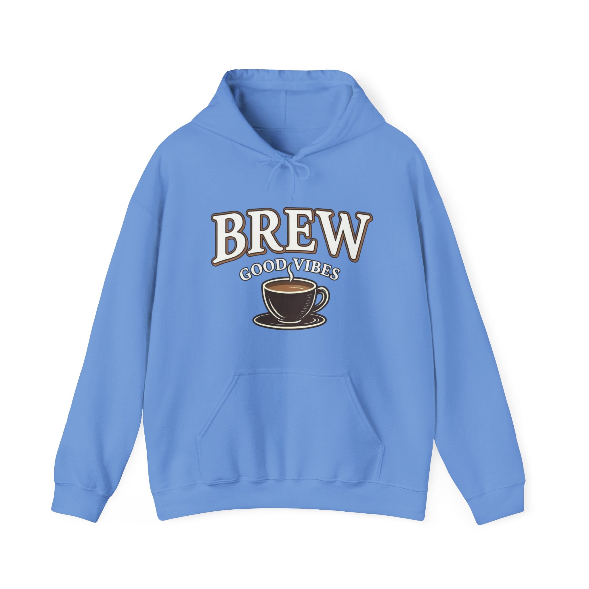 A light blue hoodie with "BREW GOOD VIBES" text and a coffee cup graphic.