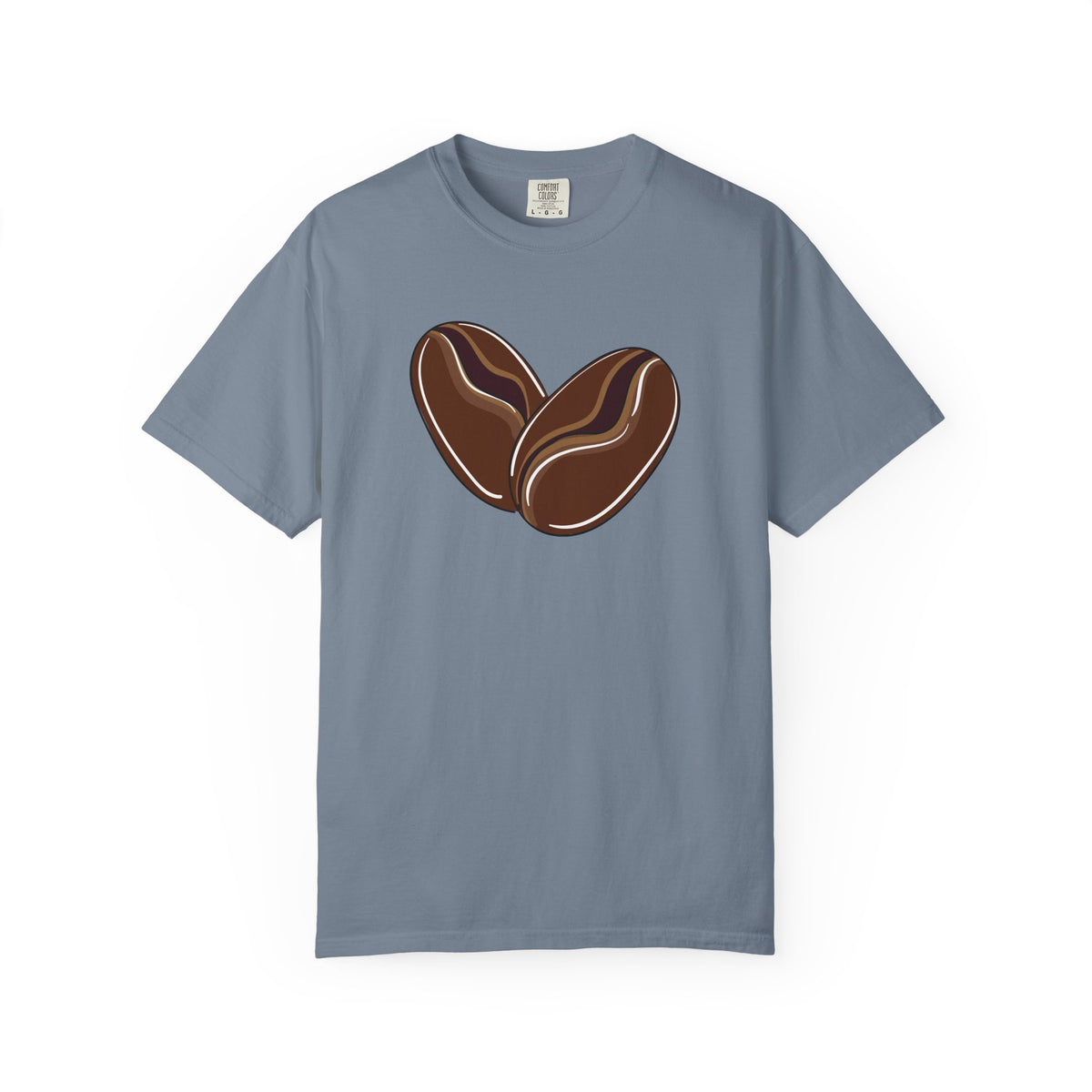 Blue Jean Comfort Colors T-shirt with brown coffee bean heart graphic, front view