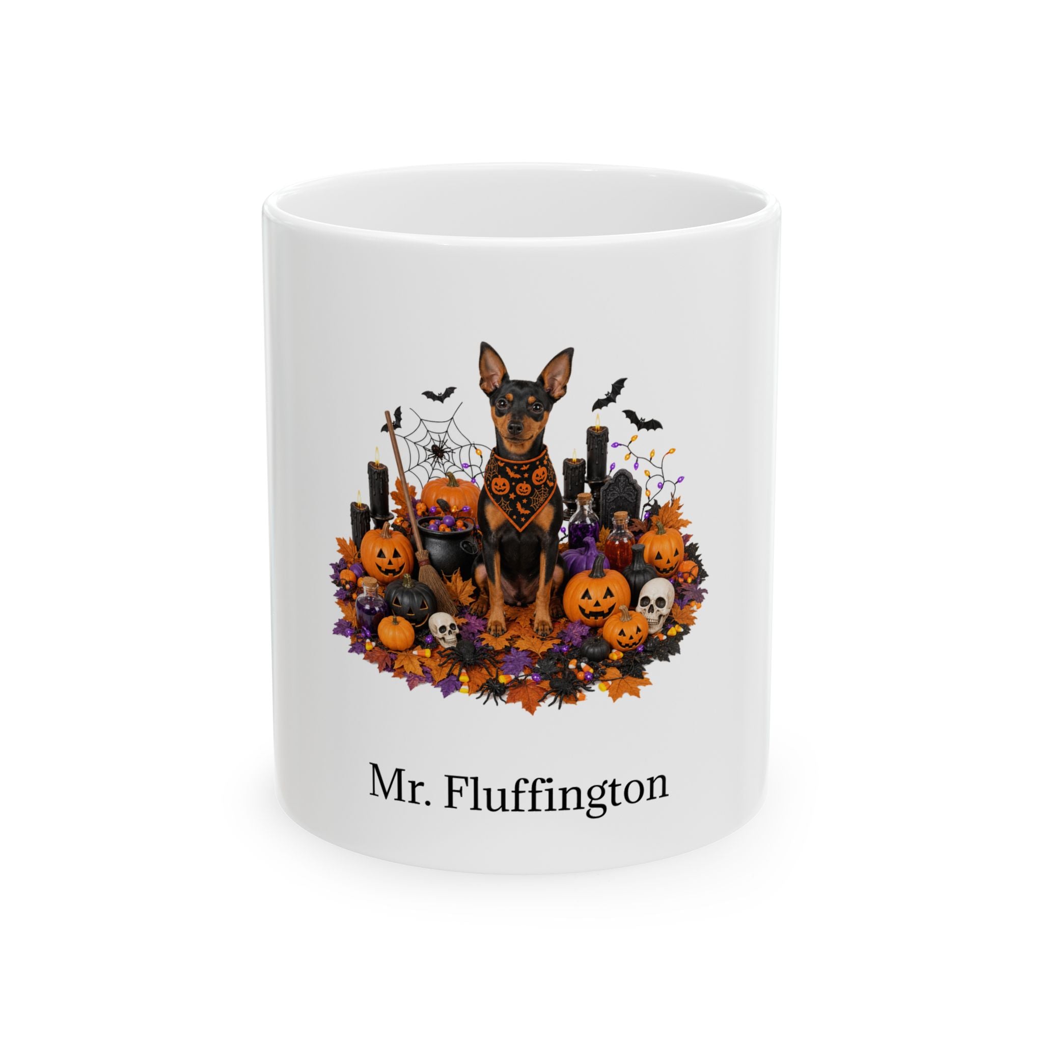 Personalized Miniature Pinscher dog Halloween mug, 11oz white ceramic, with custom pet name on front