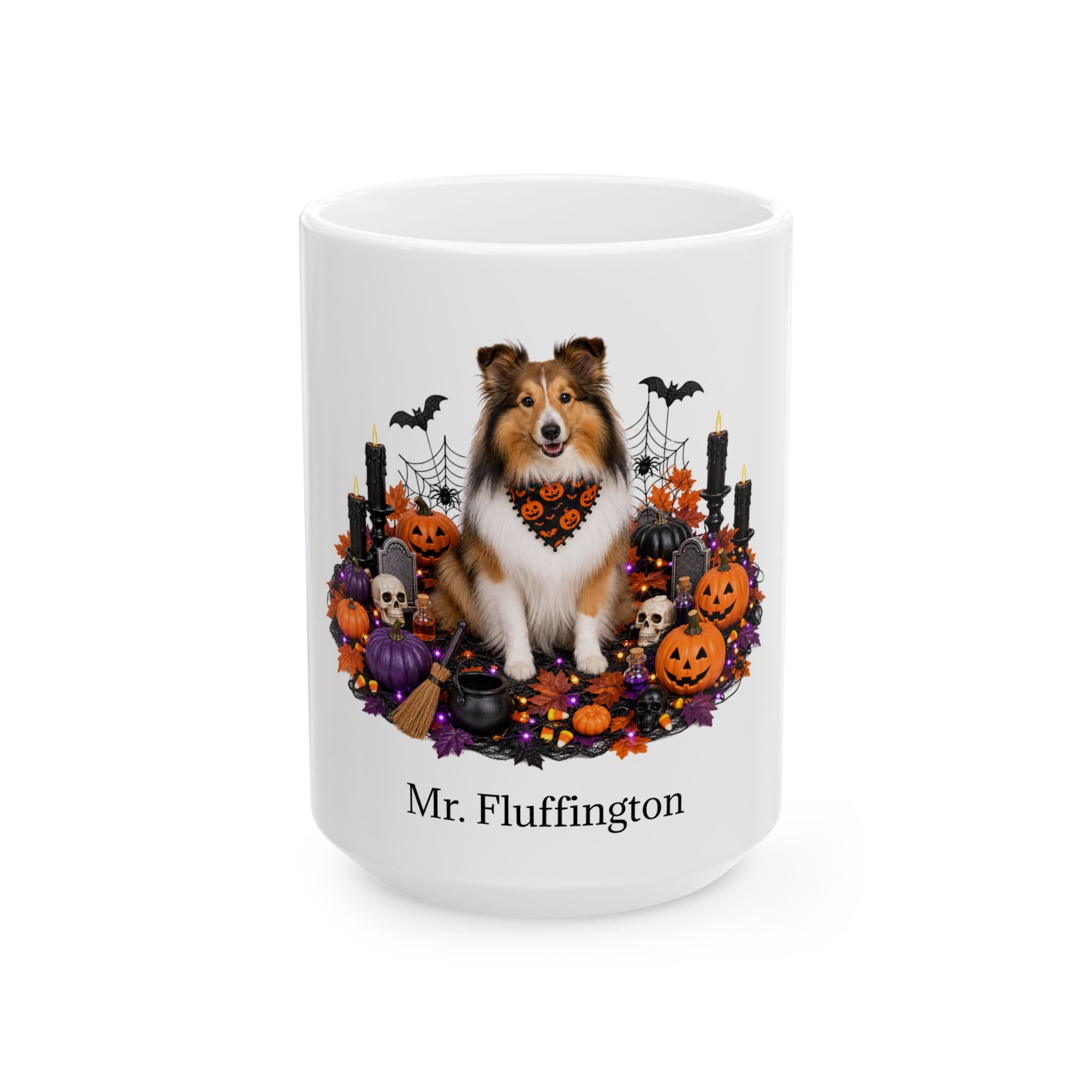 Personalized Shetland Sheepdog dog ceramic coffee mug with Halloween artwork and custom name — image 2