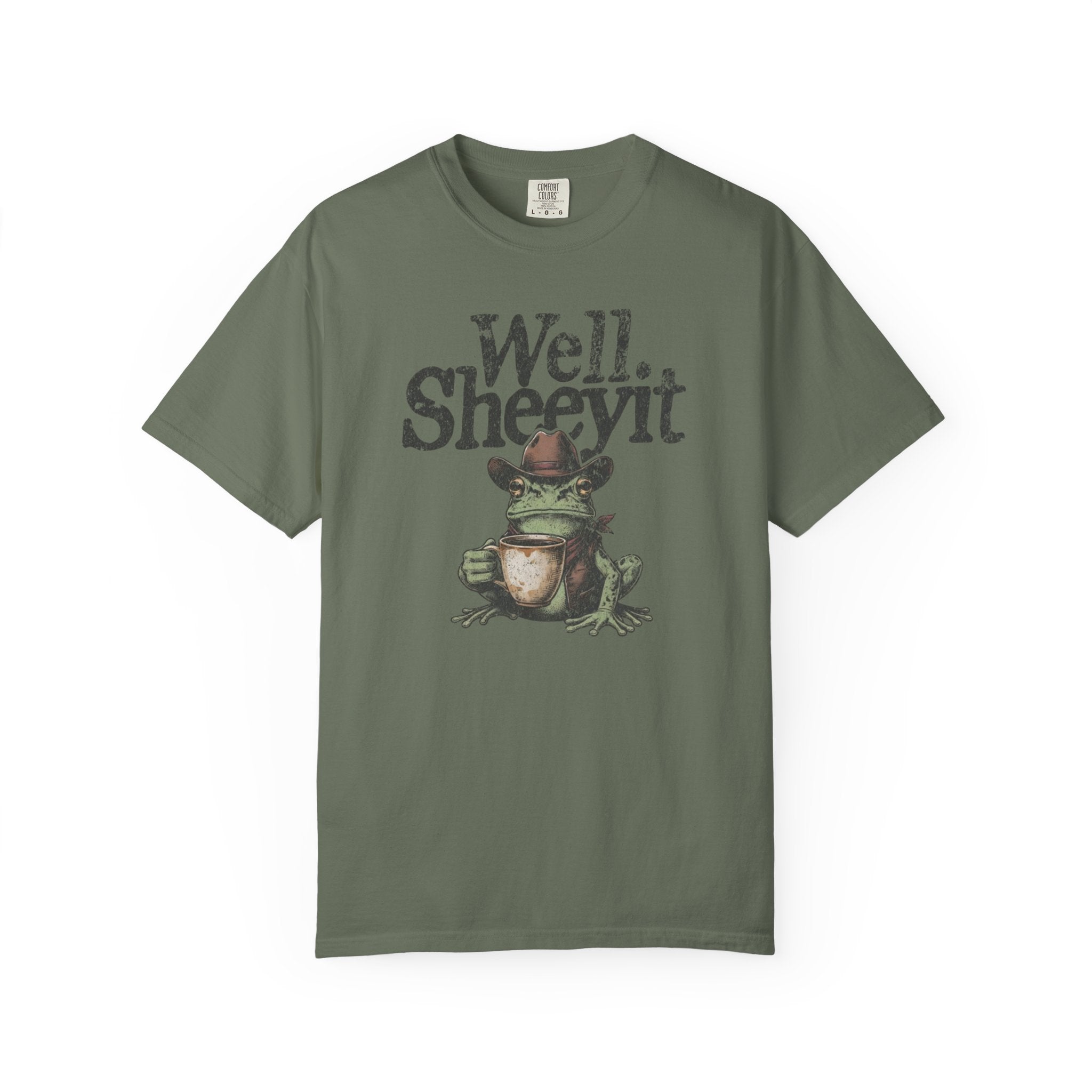 Olive green unisex cotton t-shirt featuring a graphic of a cowboy frog holding a coffee mug.