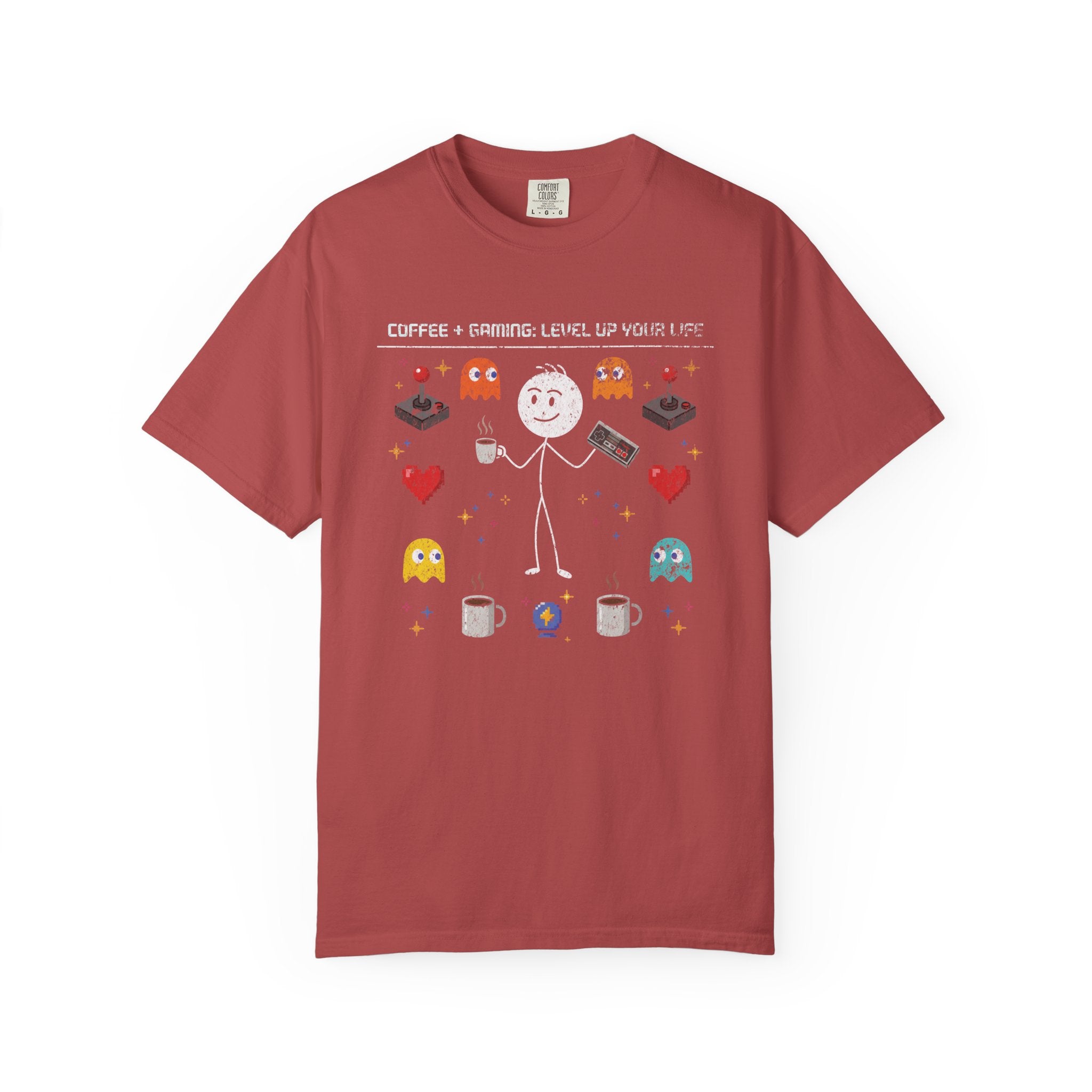 A red unisex cotton t-shirt featuring a distressed graphic of a stick figure with coffee and games.