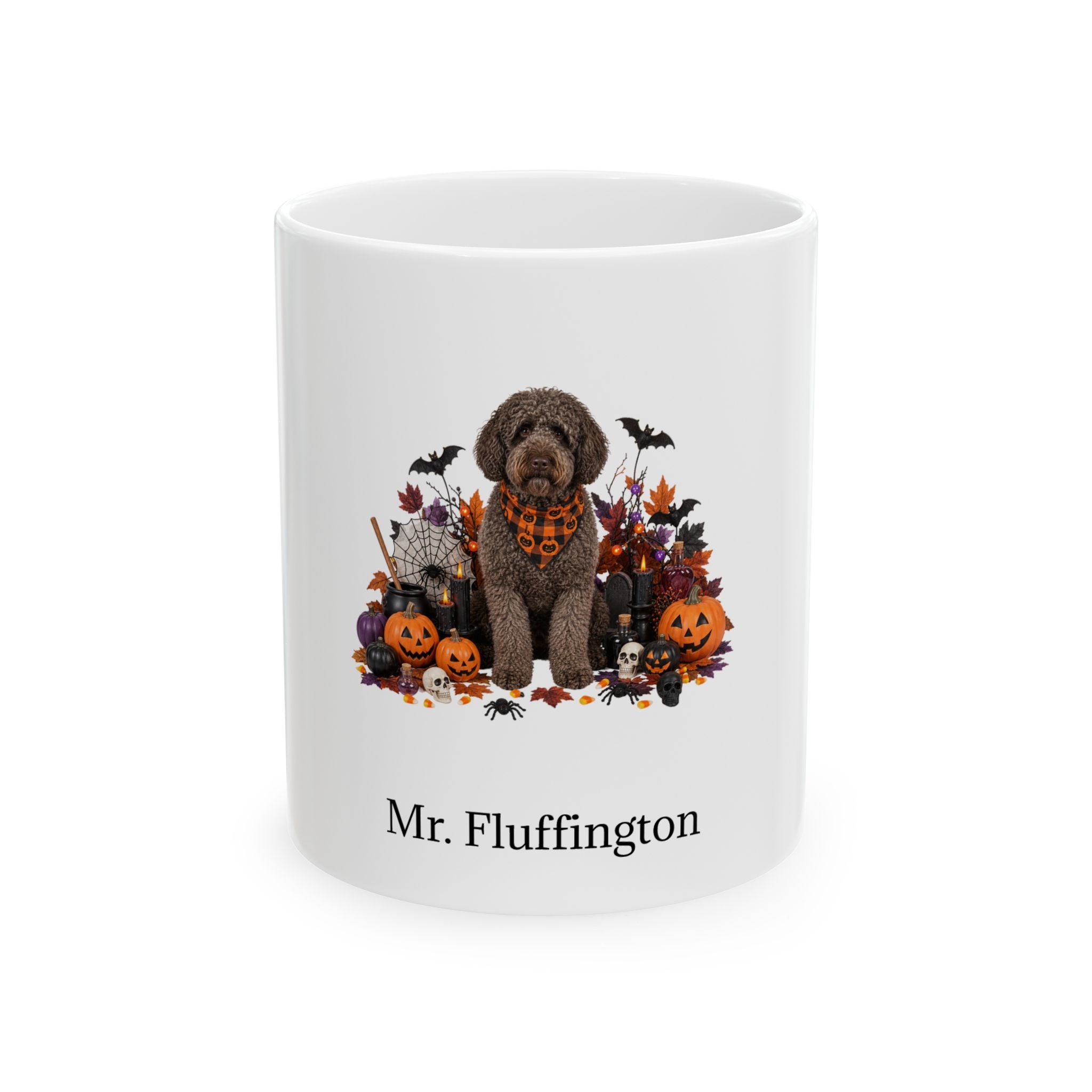 Personalized Barbet dog Halloween mug, 11oz white ceramic, with custom pet name on front