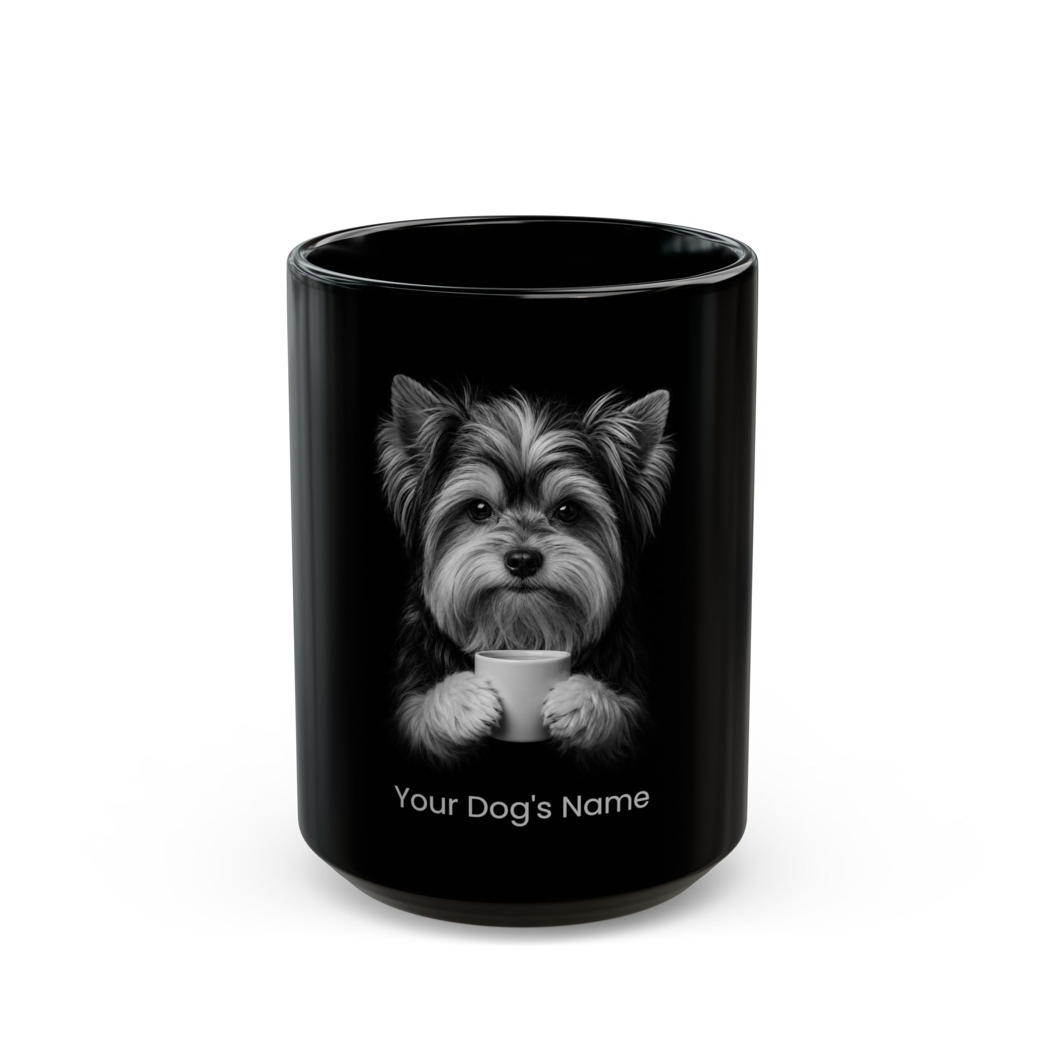 Personalized Biewer Terrier black ceramic coffee mug with custom dog name