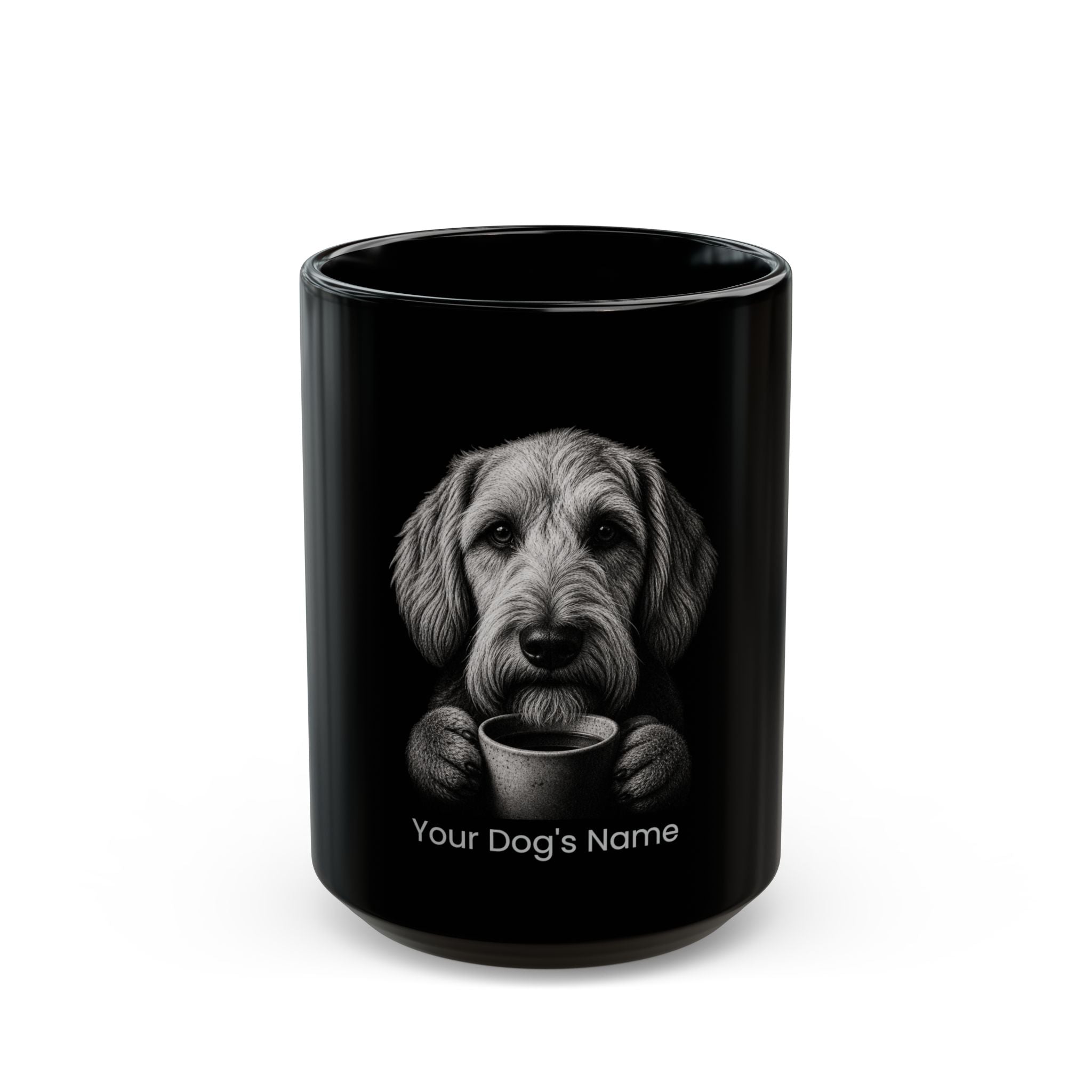 Personalized Petit Basset Griffon Vendeen black ceramic coffee mug with custom dog name