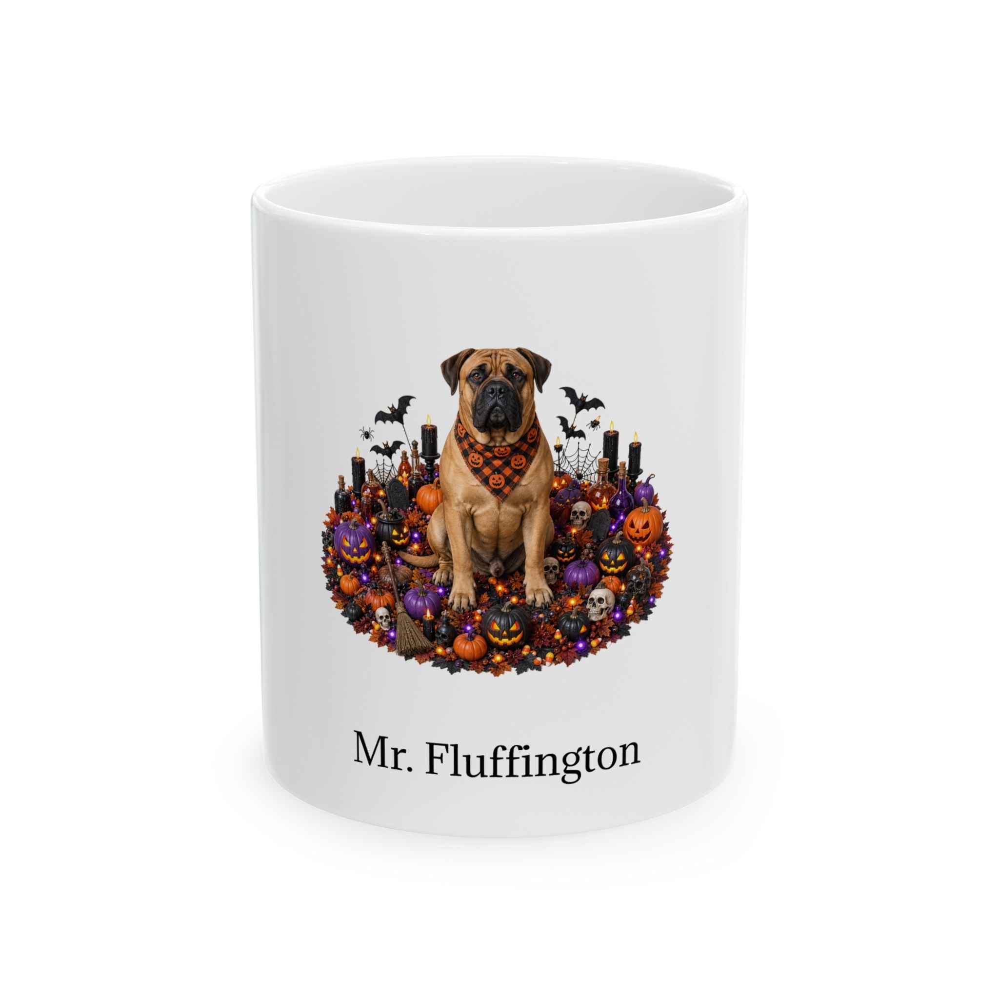 Personalized Boerboel dog Halloween mug, 11oz white ceramic, with custom pet name on front