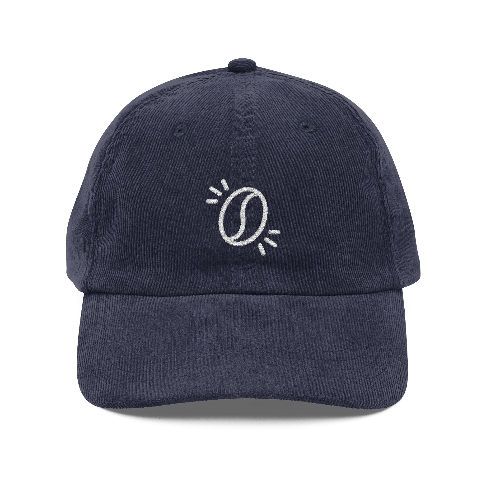 A navy blue corduroy dad hat featuring an embroidered white coffee bean icon on the front.